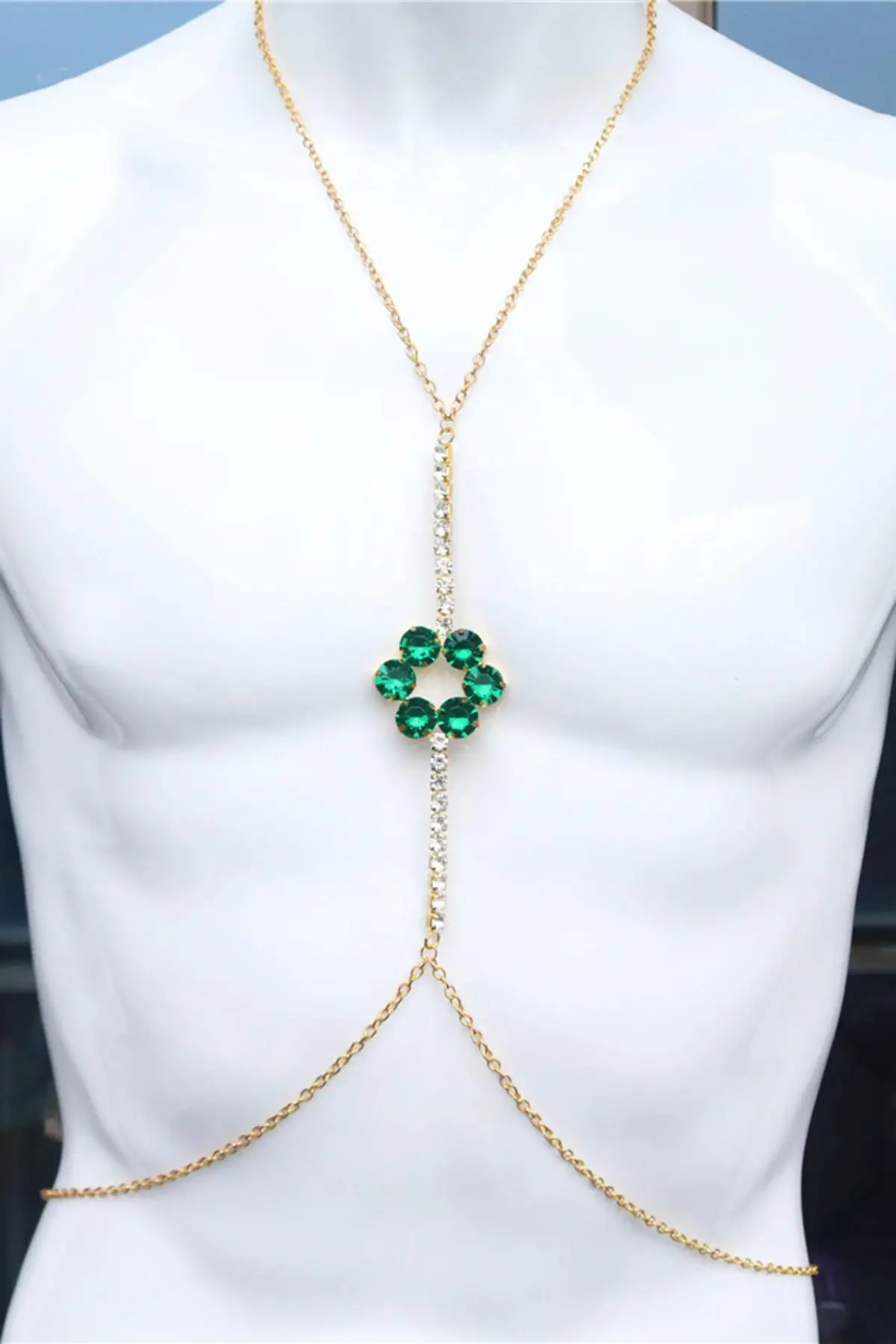 Altın Renk Yeşil Taş Detaylı Tasarım Vücut Aksesuar