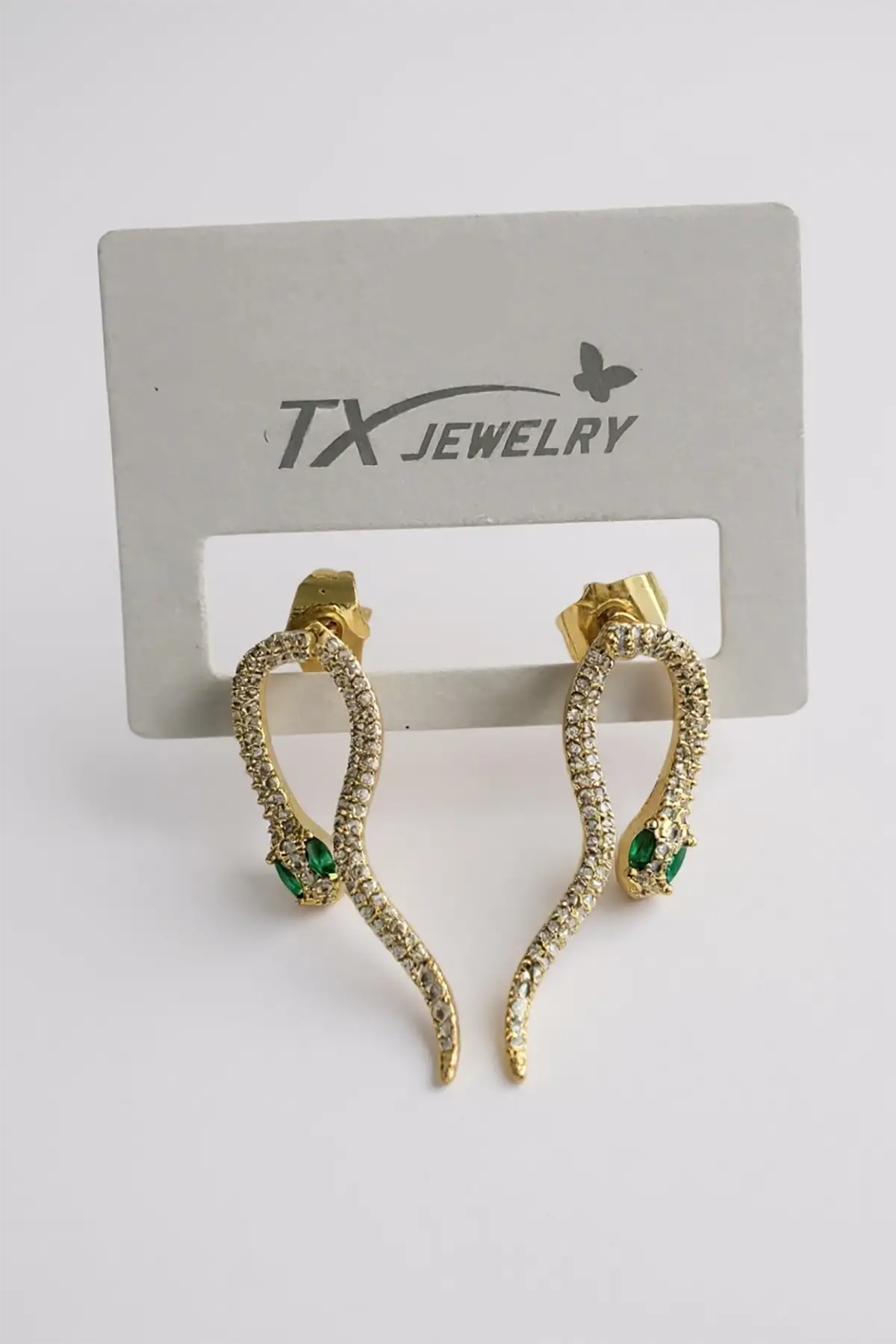 Altın Renk Yılan Figürlü Taş Detaylı 14K Altın Kaplama TX Küpe (Çift)