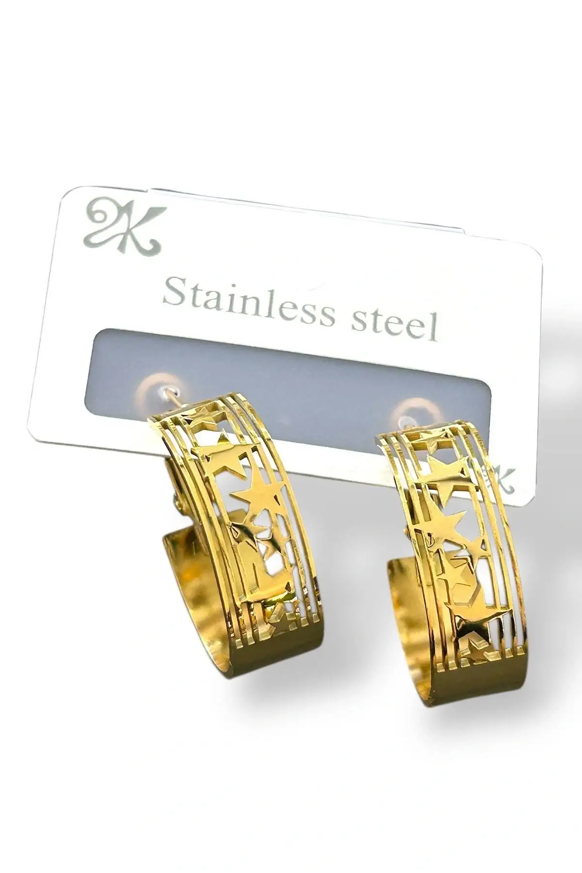 Altın Renk Yıldız Figürlü Çelik Halka Küpe (Çift)