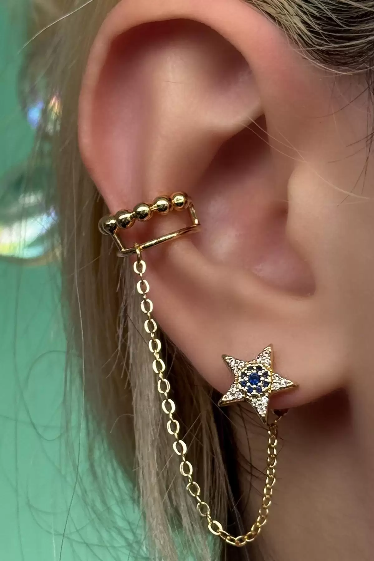 Altın Renk Yıldız Figürlü İkili Ear Cuff Küpe Set