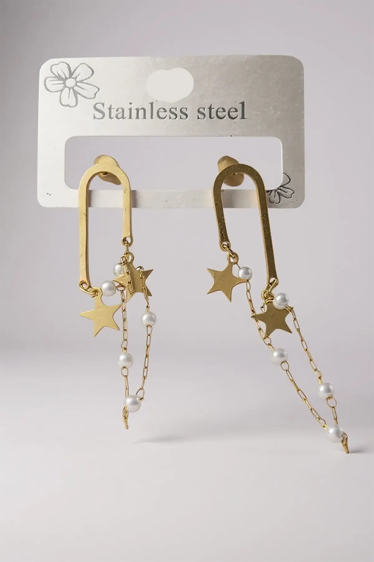Altın Renk Yıldız Figürlü İnci Detaylı Sallantılı Çelik Küpe (Çift)