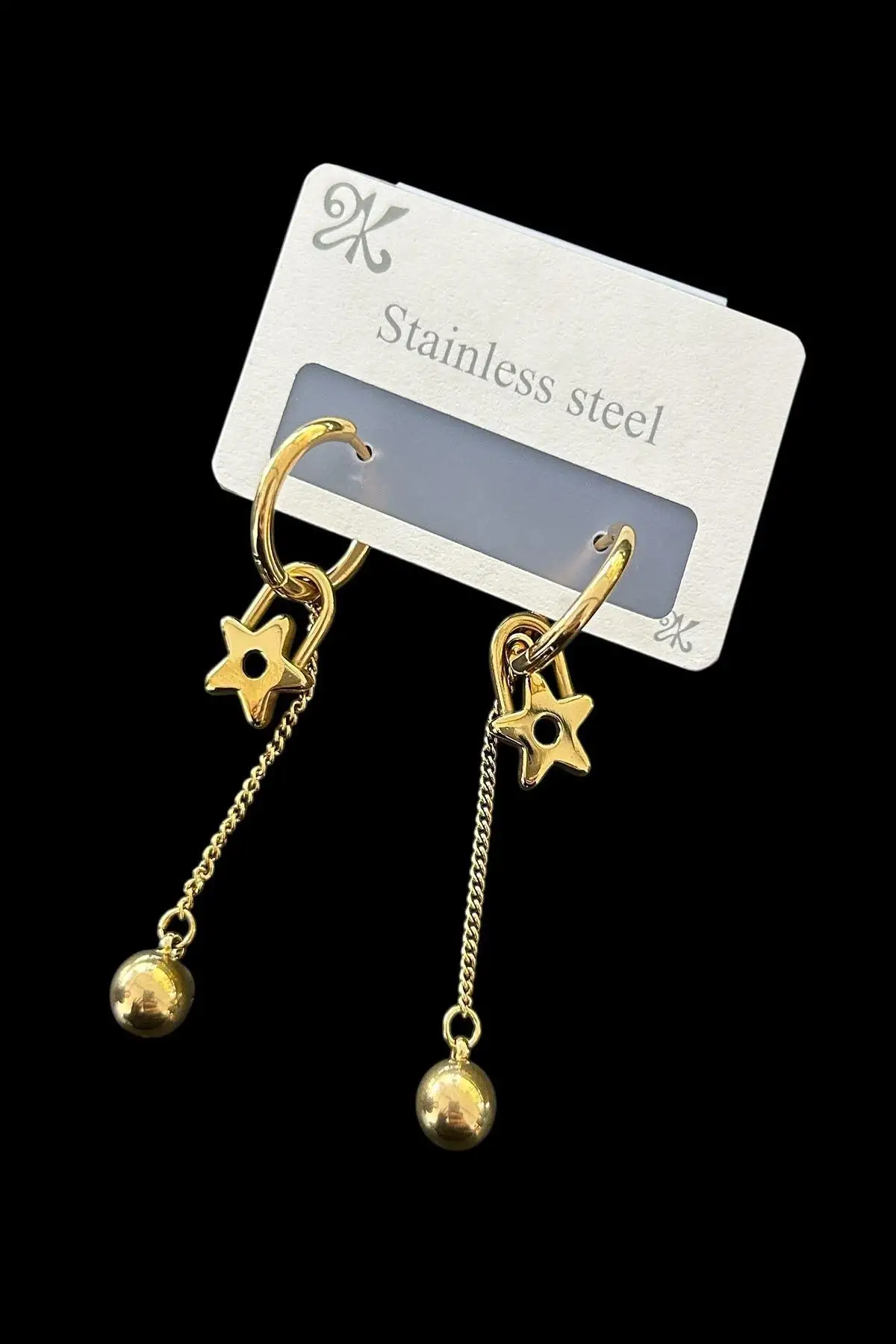 Altın Renk Yıldız Figürlü Sallantılı Çelik Küpe (Çift)