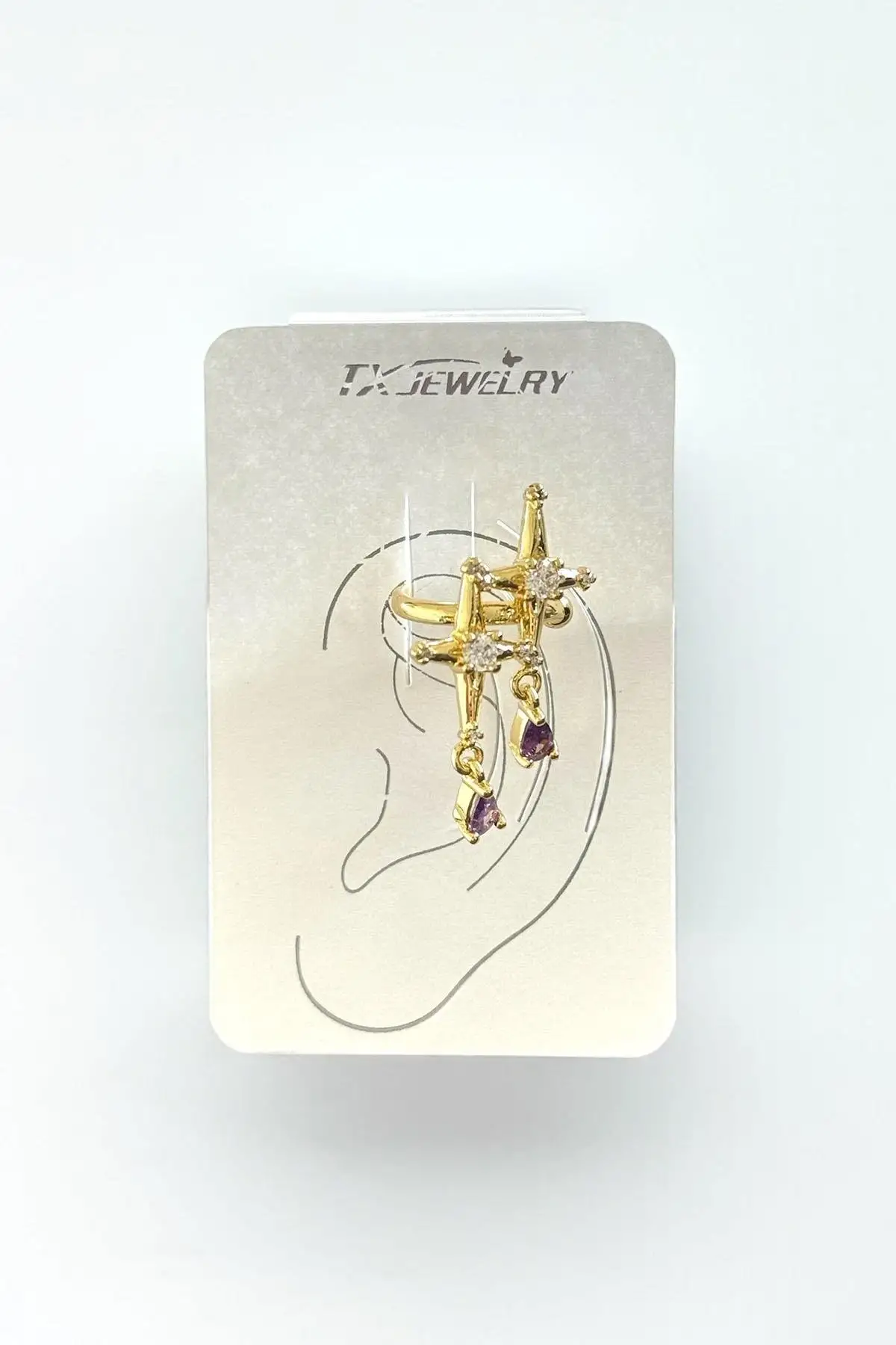 Altın Renk Yıldız Figürlü Taş Detaylı 14K Altın Kaplama TX Ear Cuff (Tek)