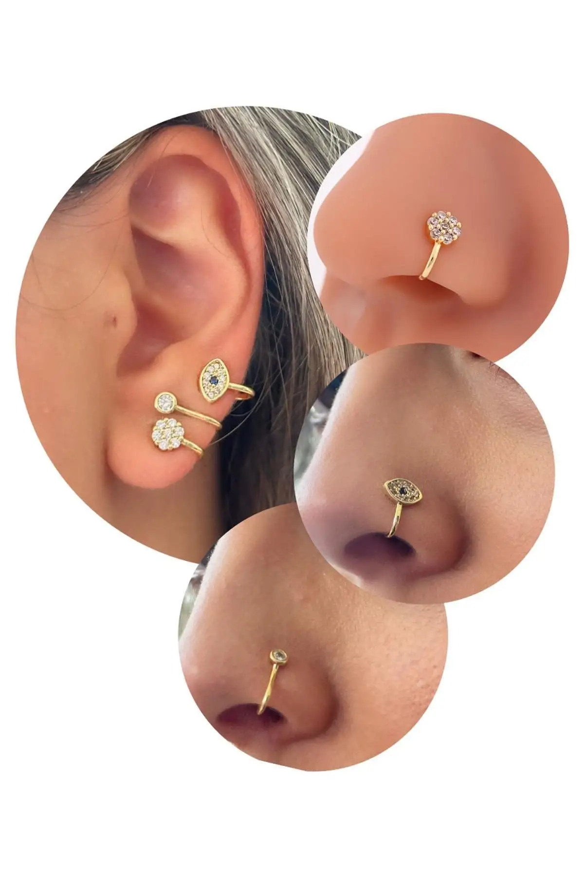 Altın Taş Detaylı Figürlü Deliksiz Kulak/ Burun 3lü Piercing Set
