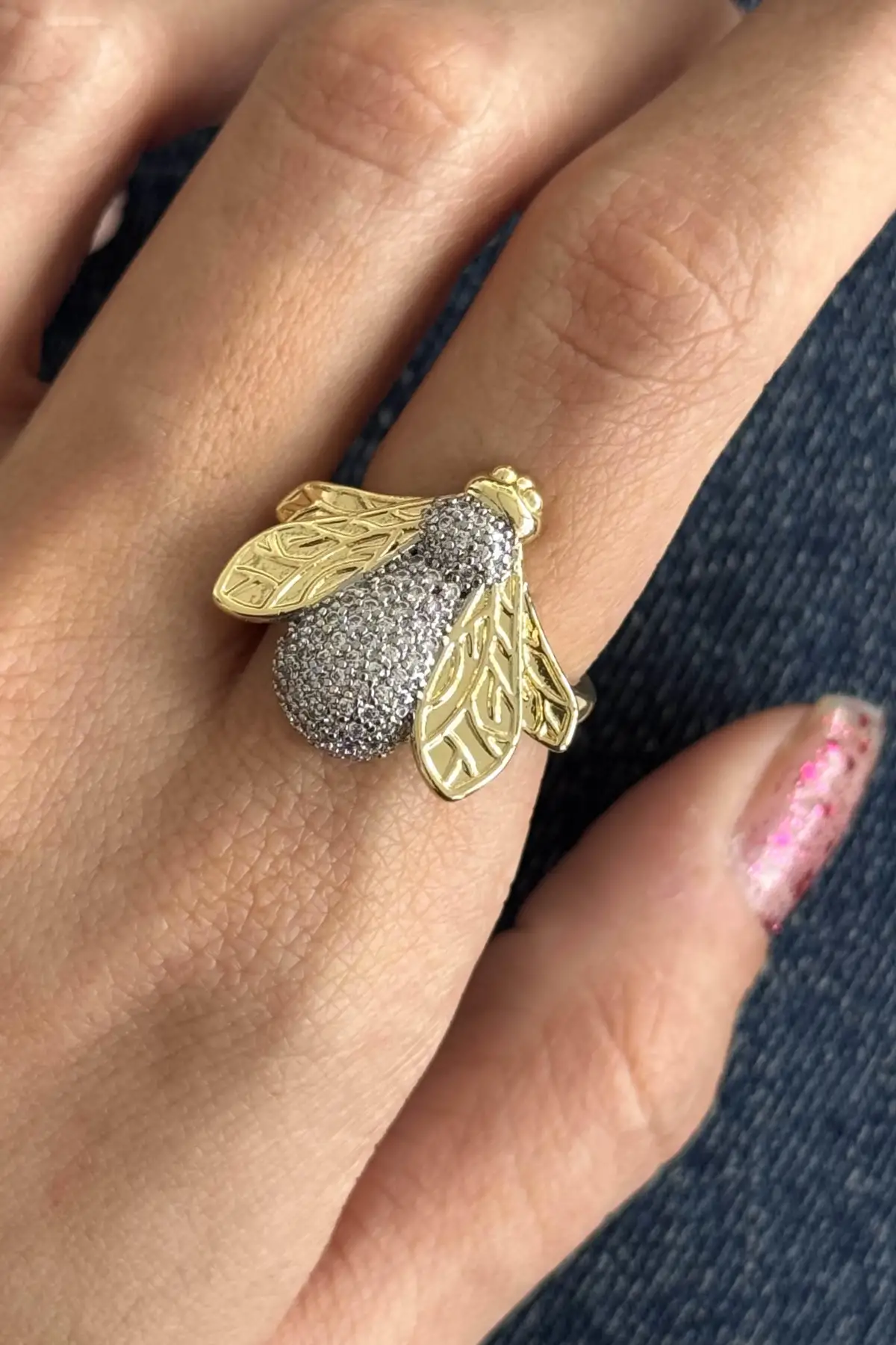 Altın Ve Gümüş Renk Arı Figürlü 14K Altın Kaplama Ayarlanabilir Yüzük