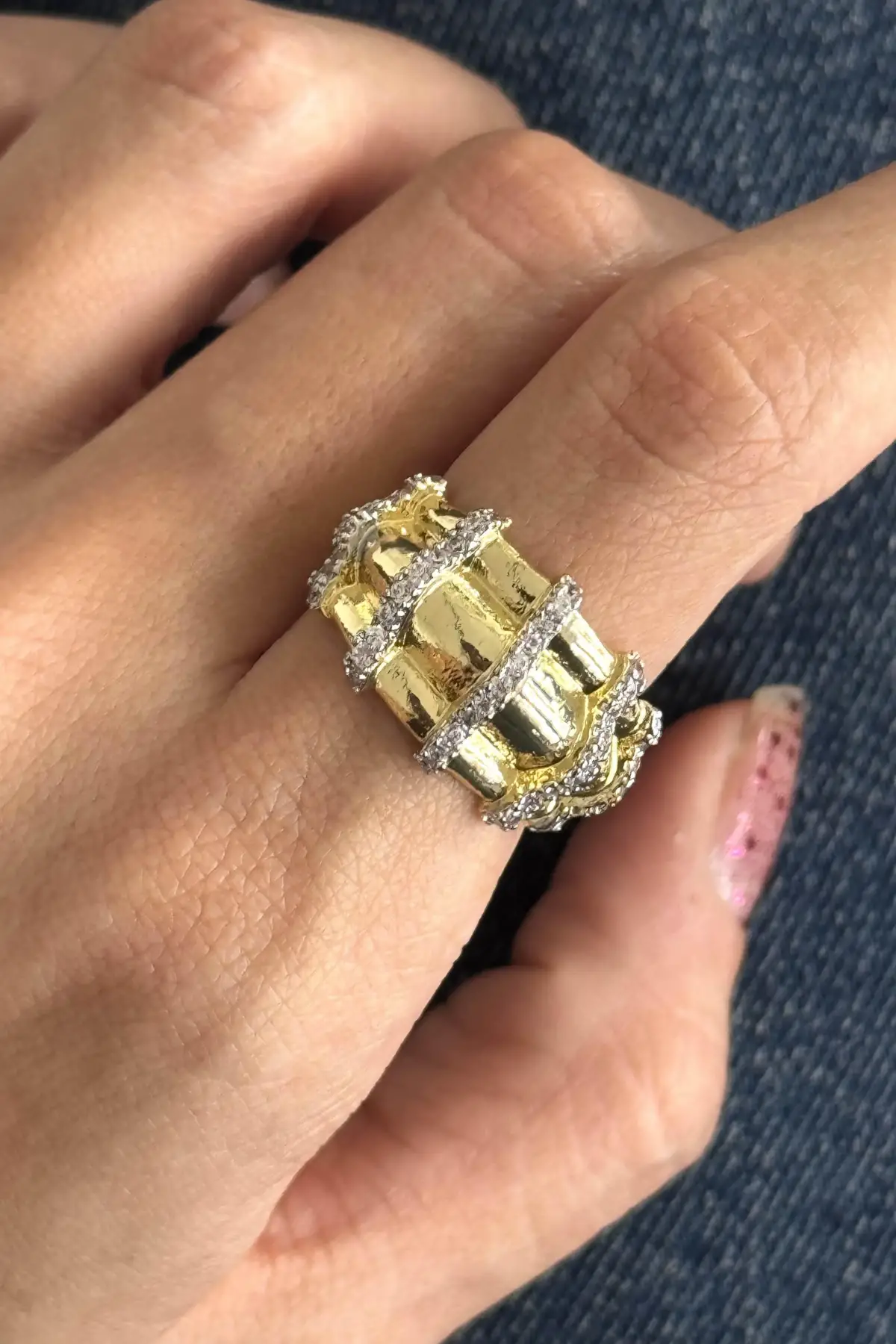 Altın Ve Gümüş Renk Taş Detaylı 14K Altın Kaplama Ayarlanabilir Yüzük