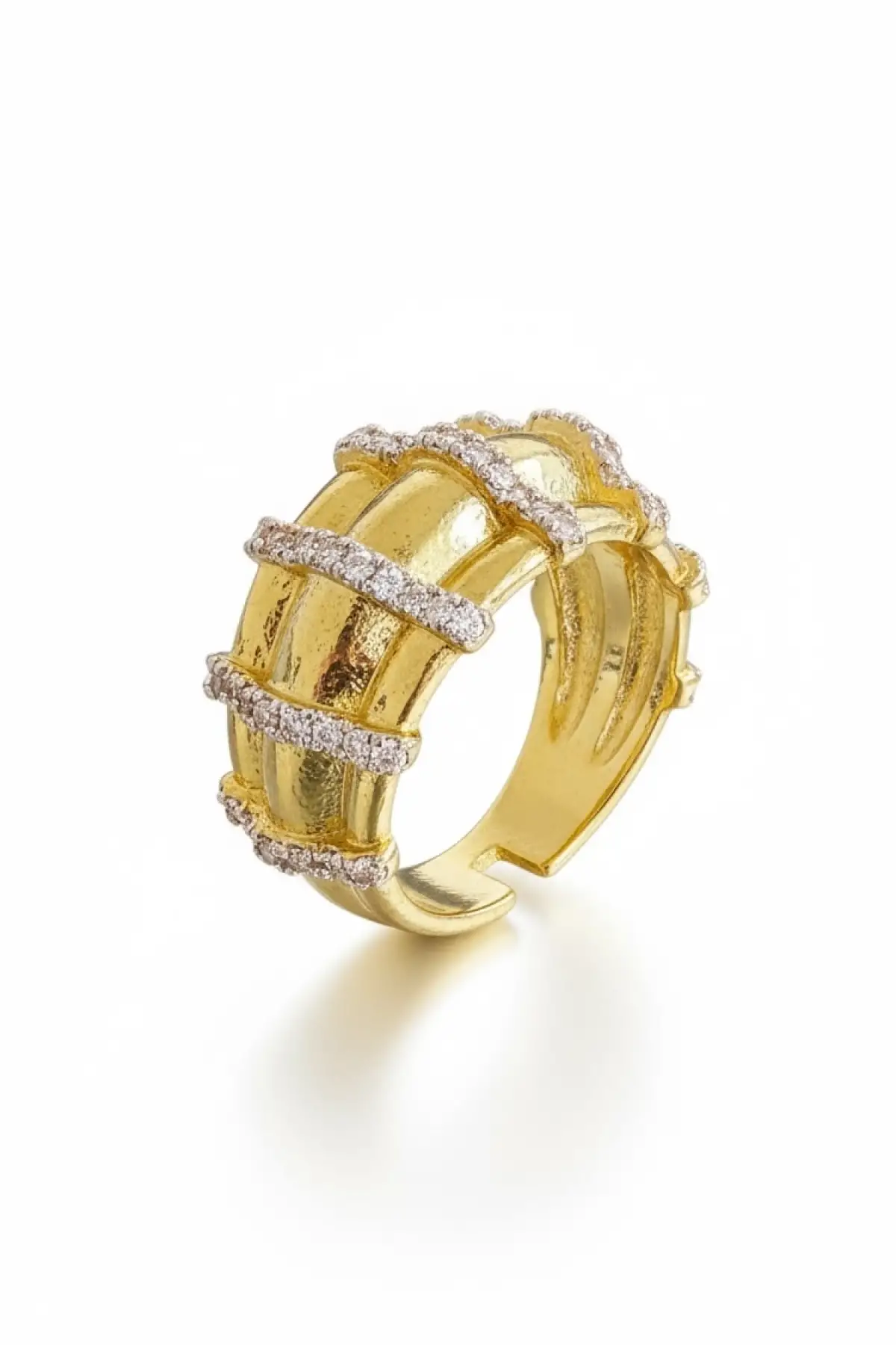 Altın Ve Gümüş Renk Taş Detaylı 14K Altın Kaplama Ayarlanabilir Yüzük