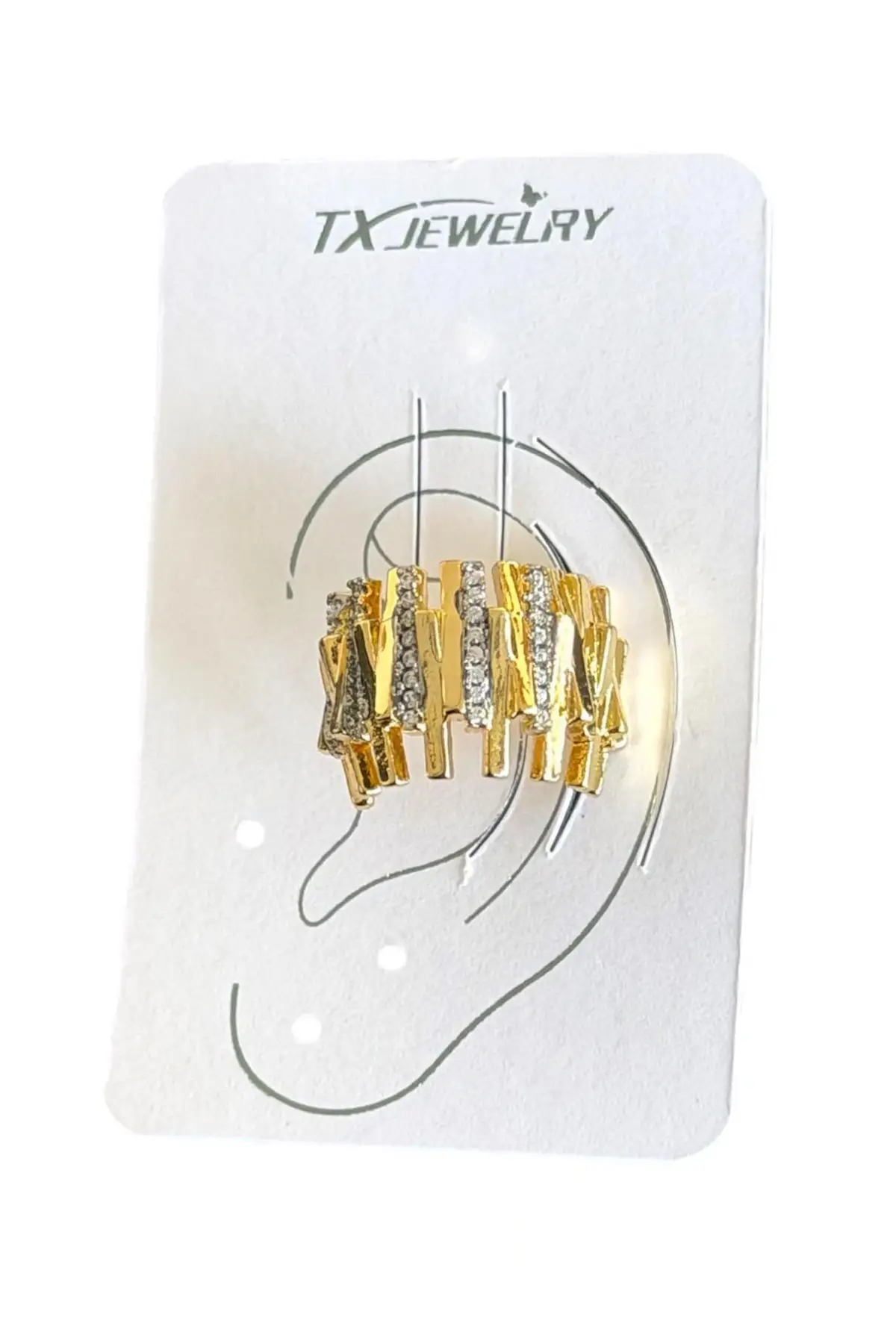 Altın Ve Gümüş Renk Taş Detaylı 14K Altın Kaplama TX Ear Cuff (Tek)