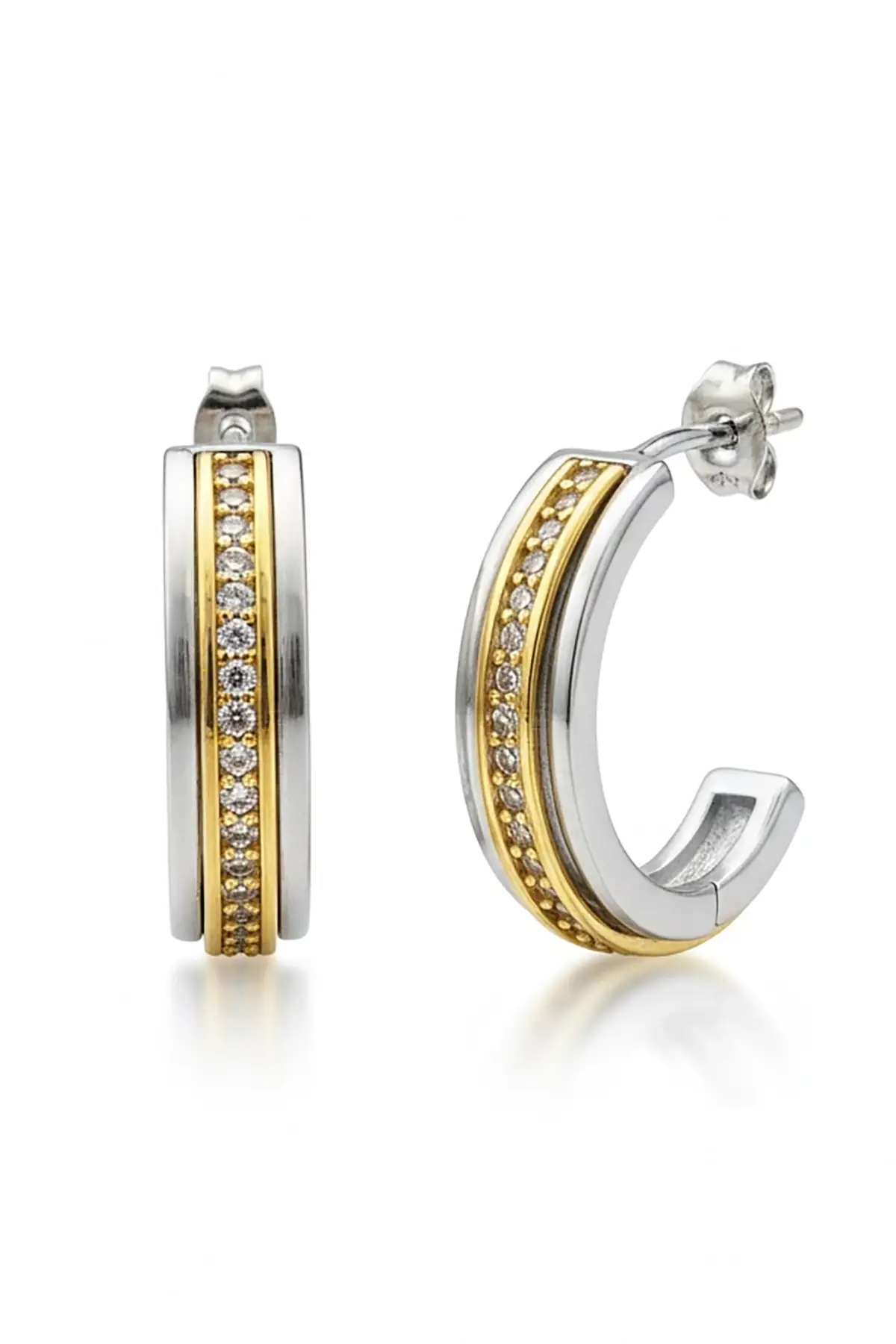 Altın Ve Gümüş Renk Taş Detaylı Çelik Halka Küpe (Çift)