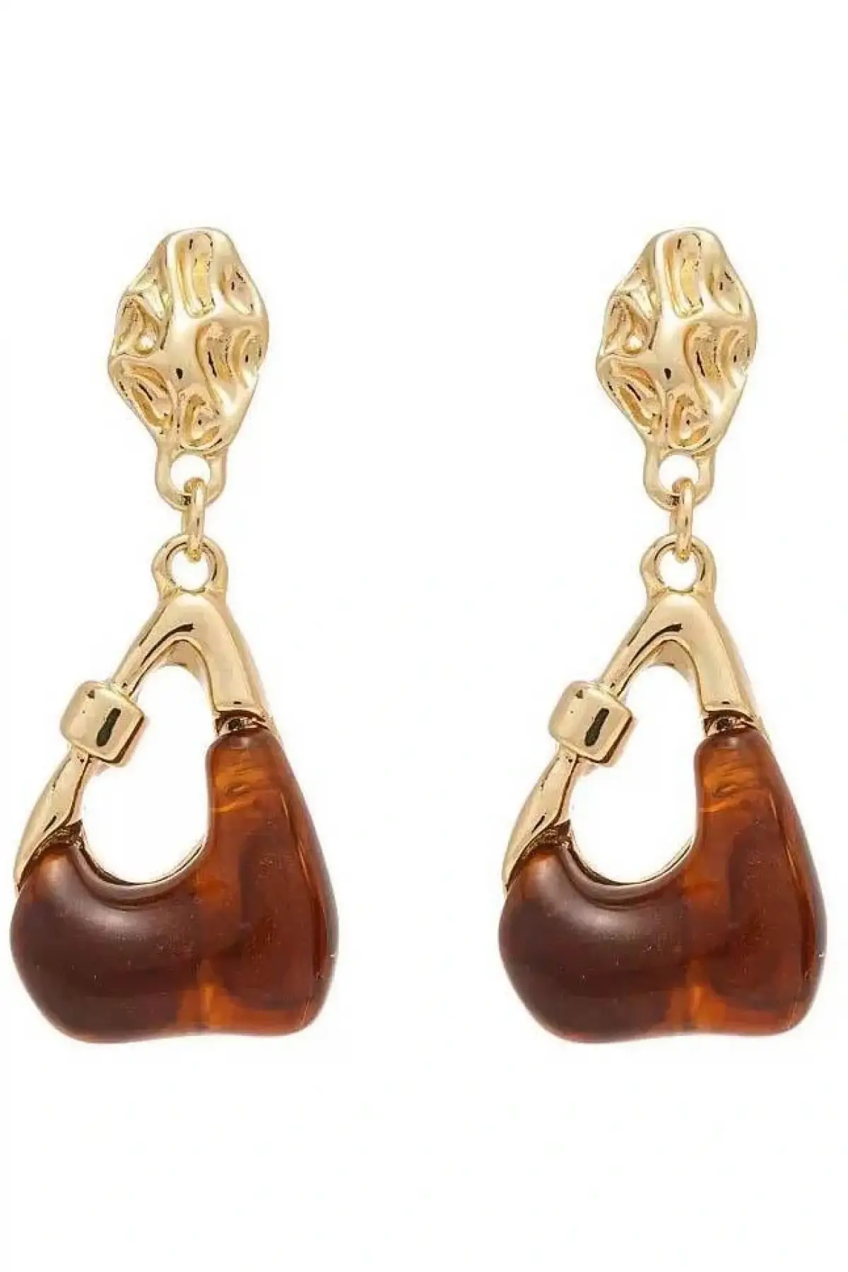 Altın Ve Kahve Renk Taş Detaylı Küpe (Çift)