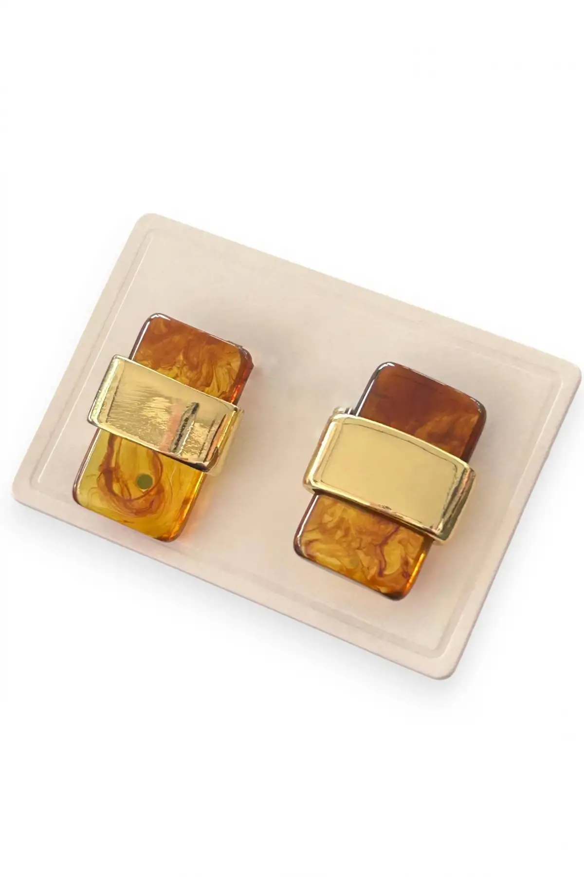 Altın Ve Kahve Renk Taş Detaylı Küpe (Çift)