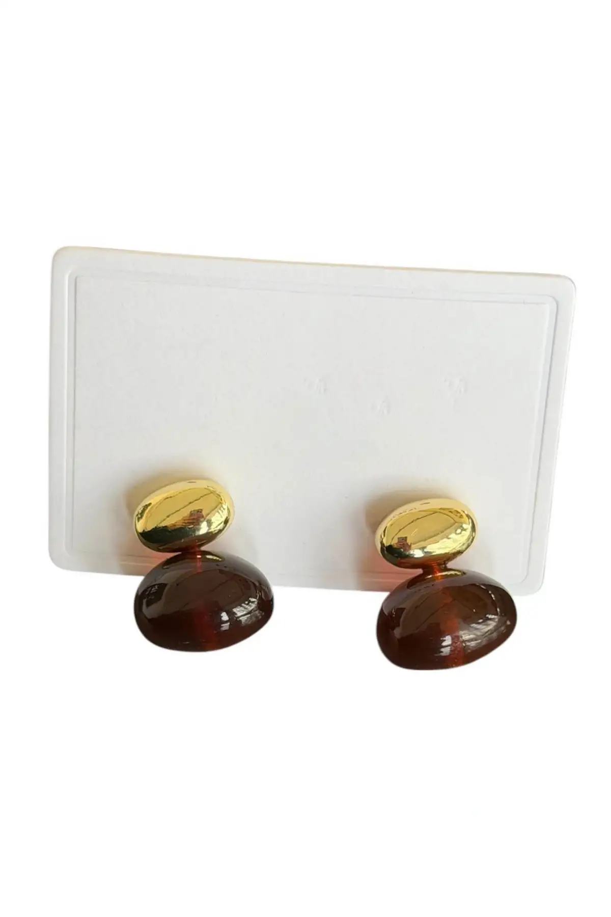 Altın Ve Kahve Renk Taş Detaylı Küpe (Çift)