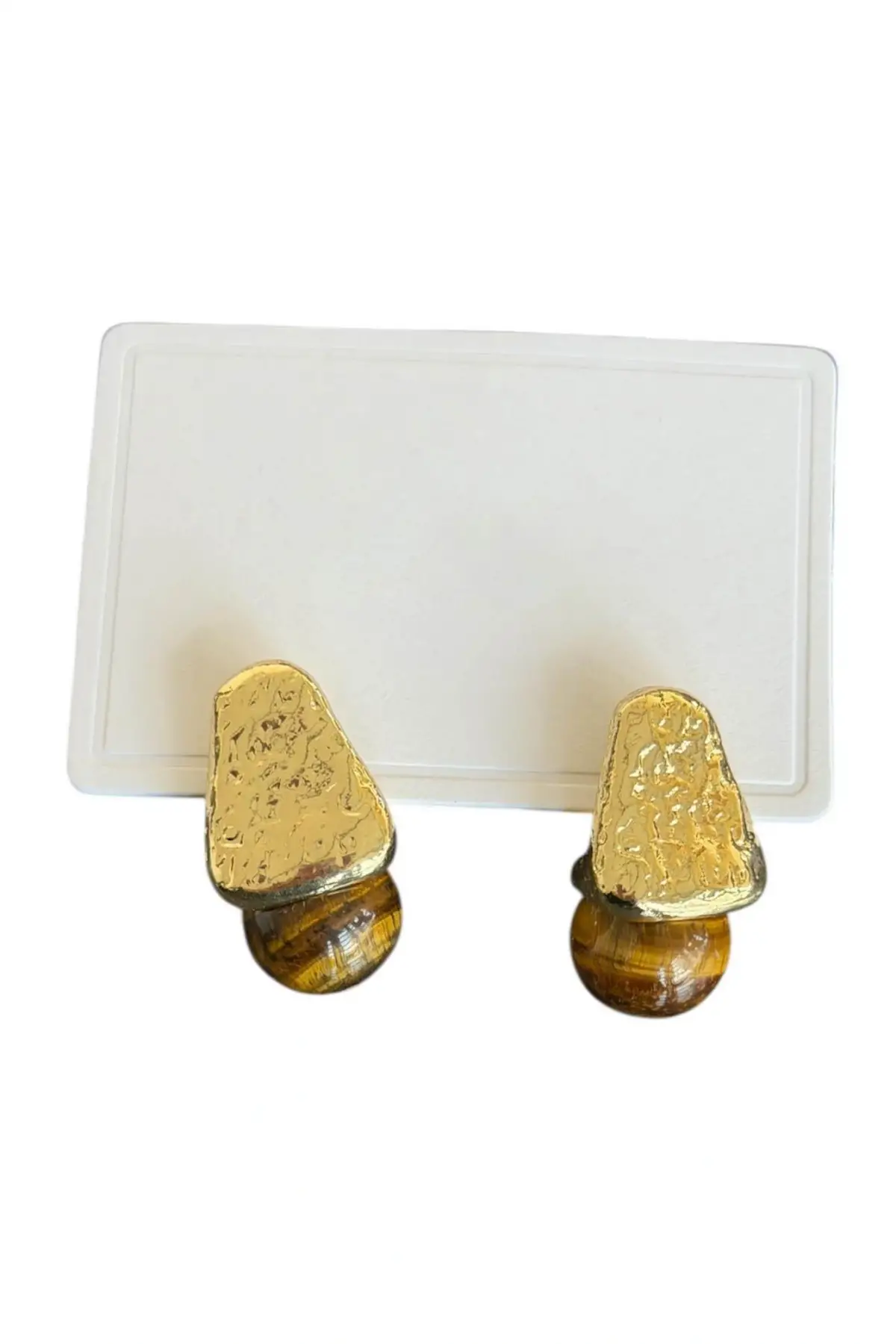 Altın Ve Kahve Renk Taş Detaylı Küpe (Çift)