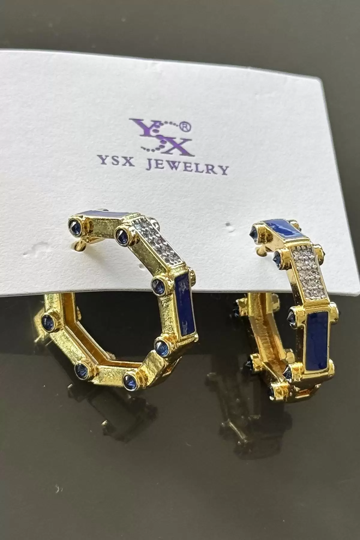 Altın Ve Mavi Renk Taş Detaylı YSX Küpe (Çift)