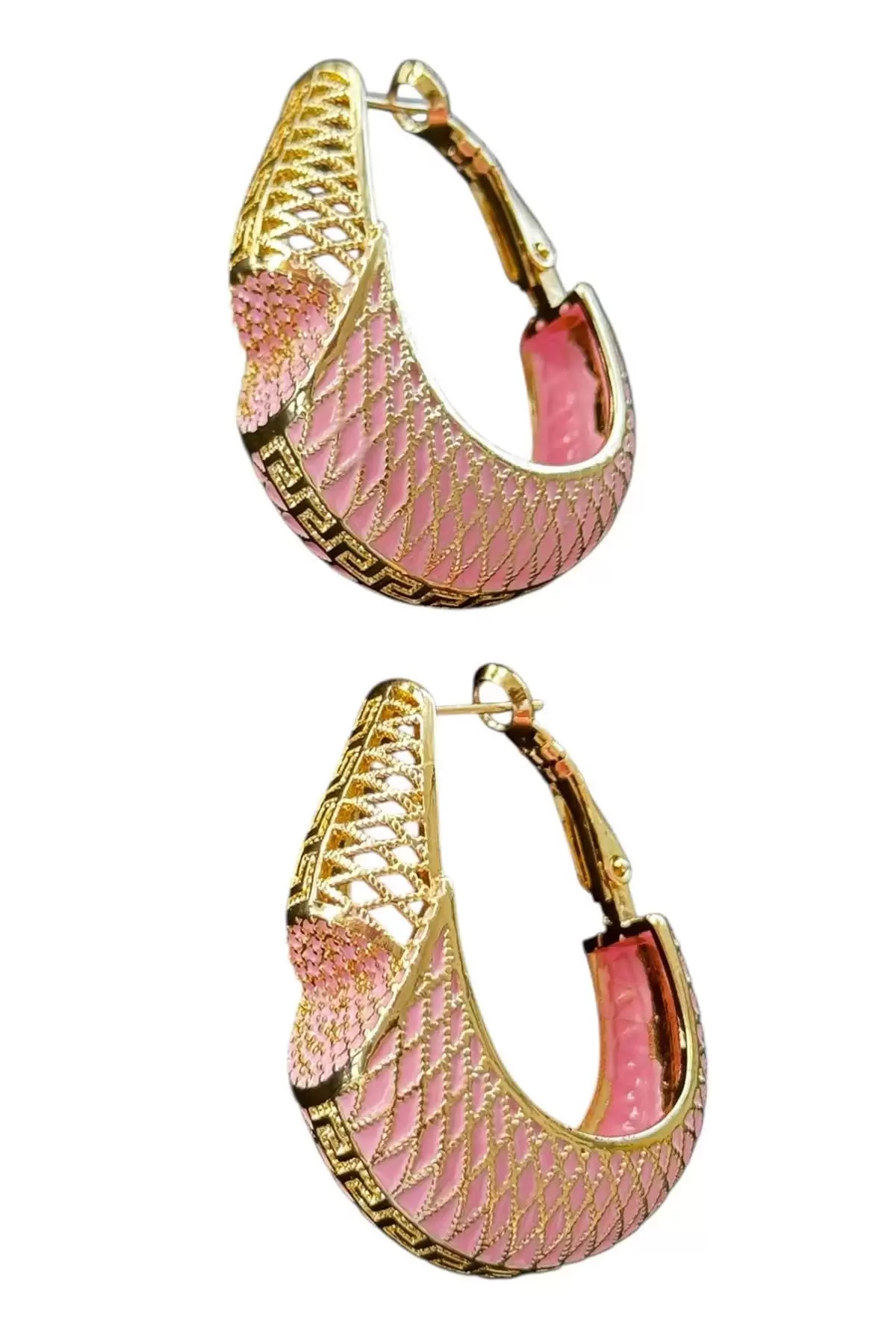 Altın Ve Pembe Renk 14K Altın Kaplama TX Küpe (Çift)