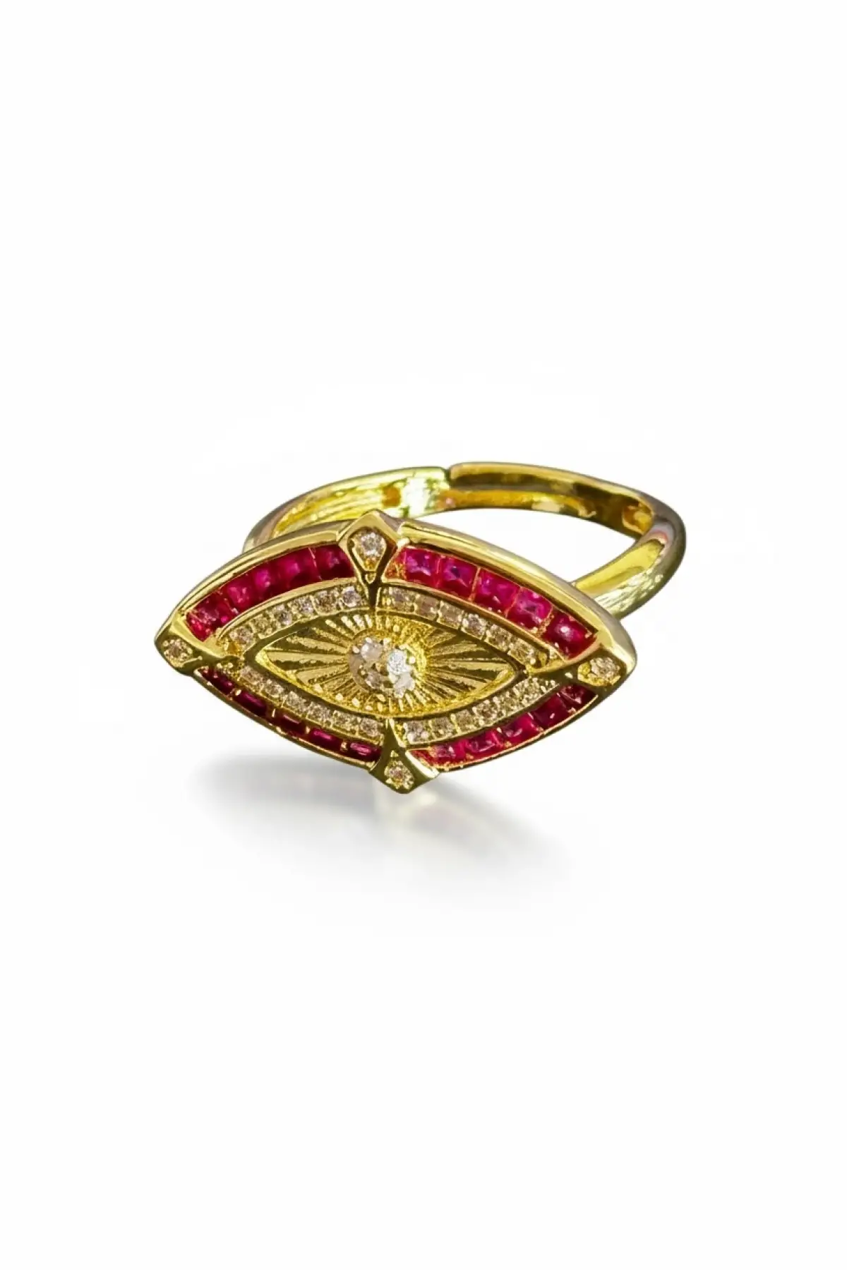 Altın Ve Pembe Renk Göz Detaylı 14K Altın Kaplama Ayarlanabilir Yüzük