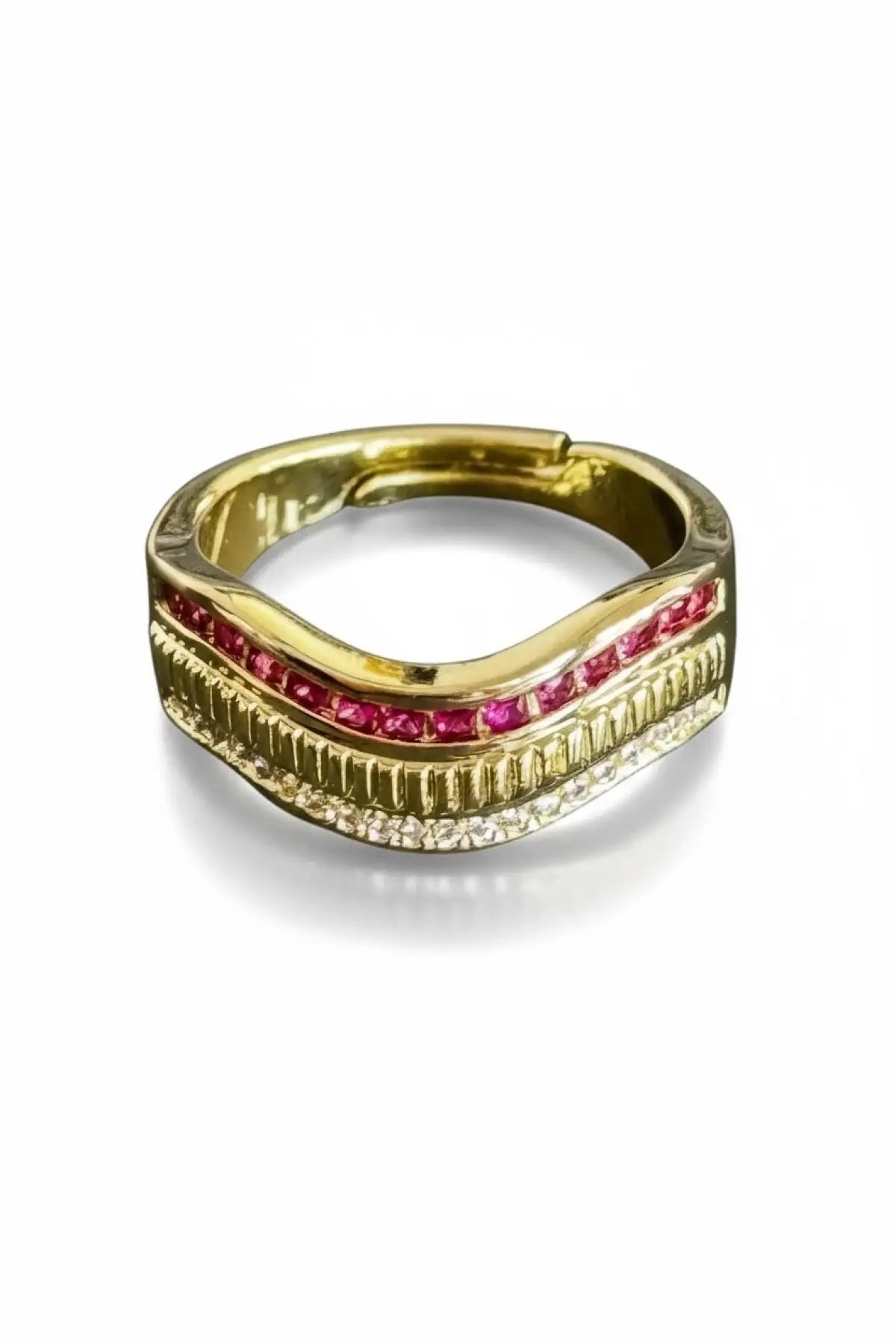 Altın Ve Pembe Renk Taş Detaylı 14K Altın Kaplama Ayarlanabilir Yüzük