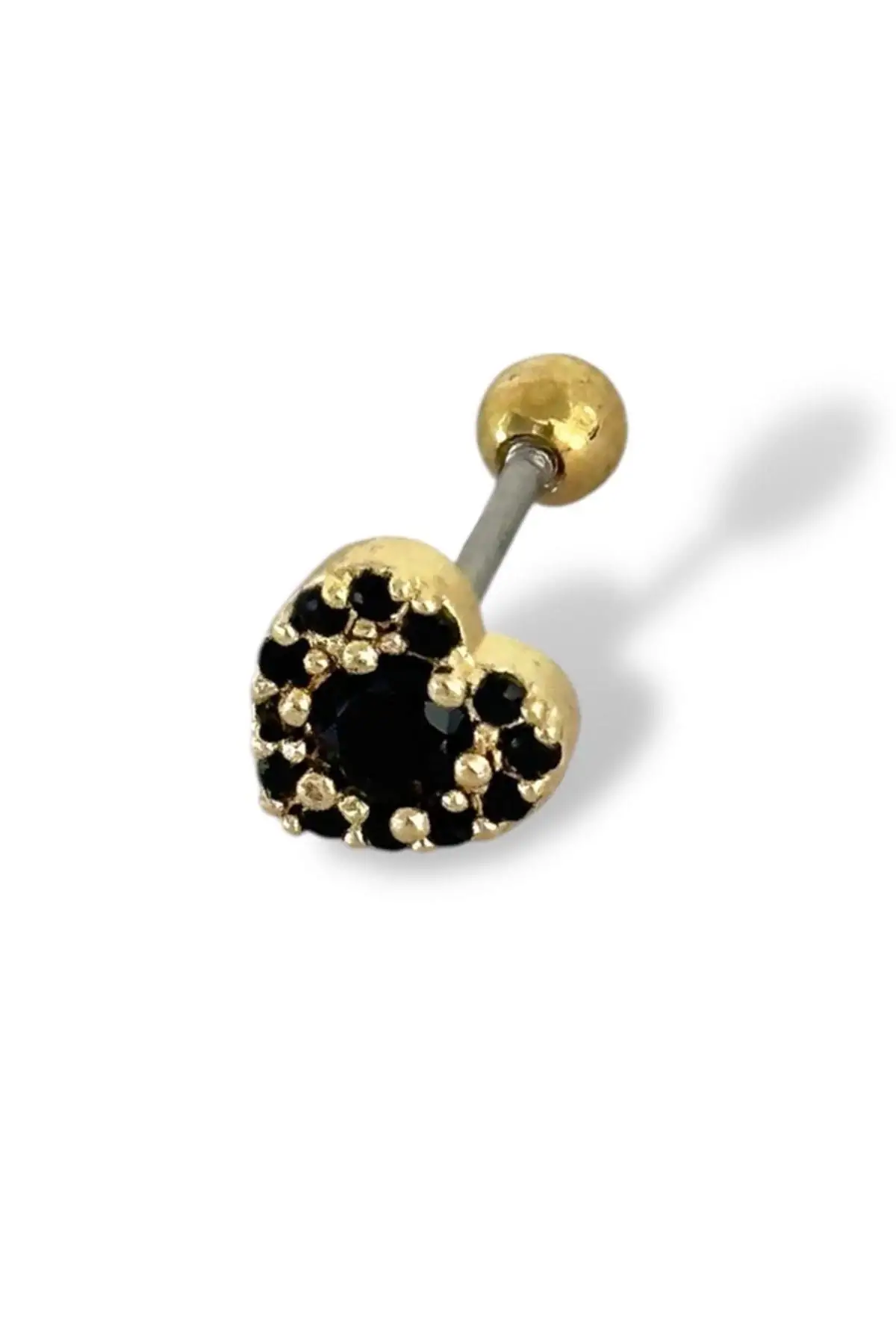 Altın Ve Siyah Renk Kalp Figürlü Taş Detaylı Çelik Tragus/Kıkırdak Küpe/Piercing (Tek)