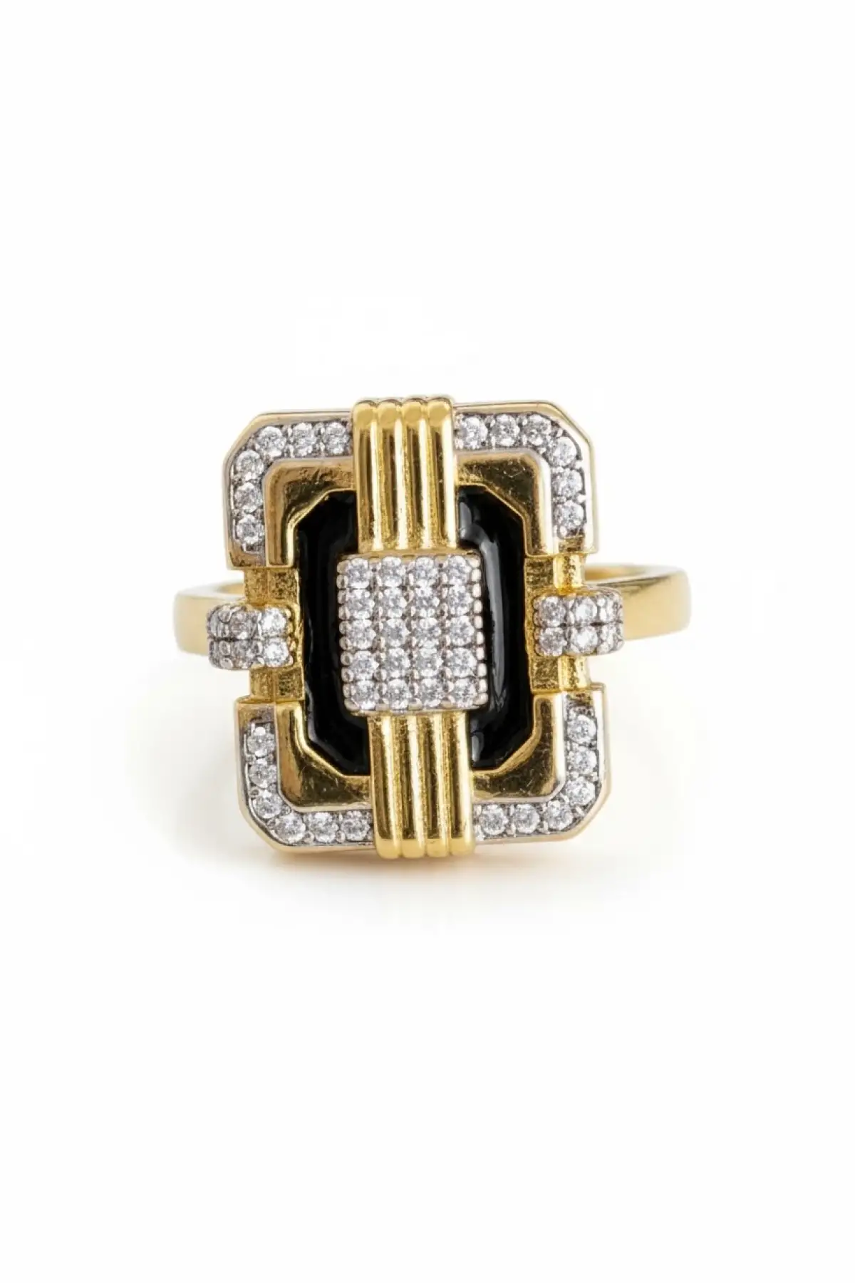 Altın Ve Siyah Renk Taş Detaylı 14K Altın Kaplama Ayarlanabilir Yüzük