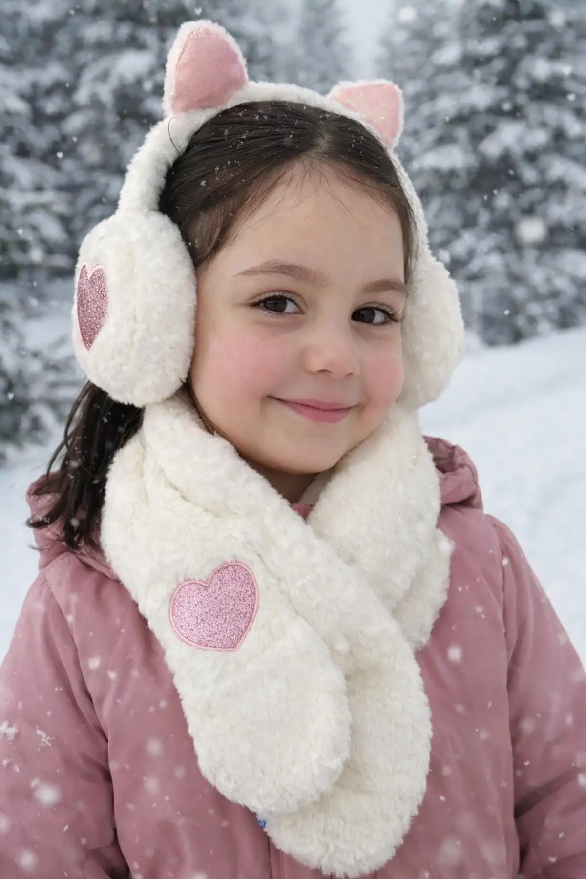 Beyaz Renk Kalp Detaylı Peluş Atkı Ve Kulaklık Set