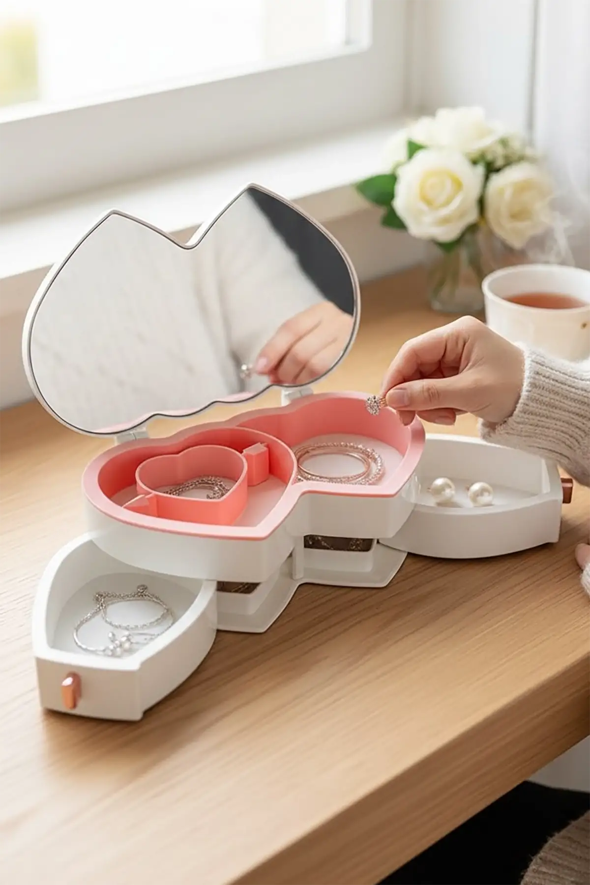 Beyaz Renk Kalp Figürlü Aynalı Çekmeceli Takı Organizeri