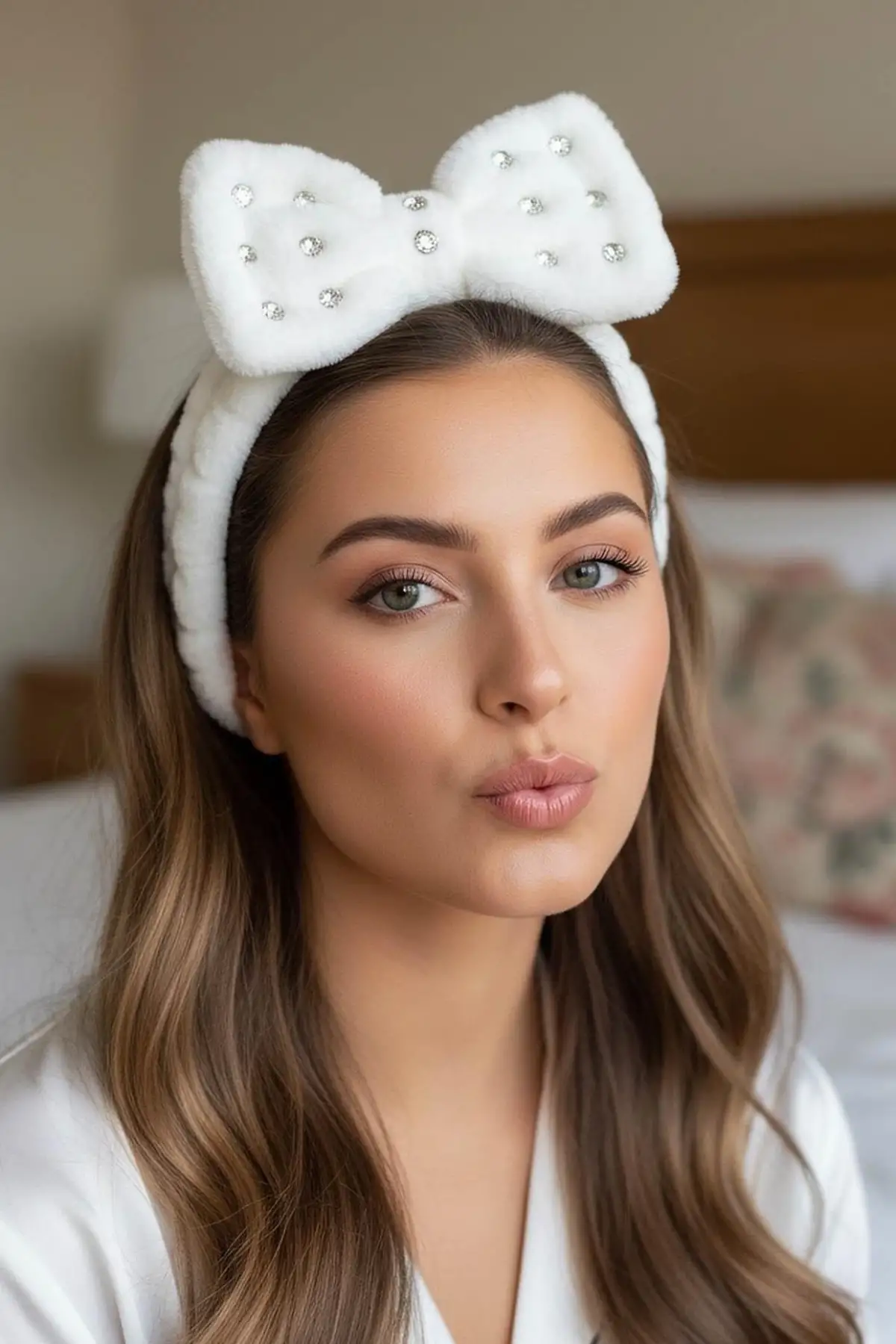 Beyaz Renk Kurdele Figürlü Taş Detaylı Peluş Saç Bandı