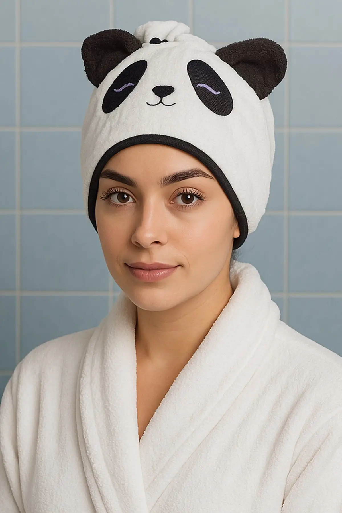 Beyaz Renk Panda Figürlü Saç Havlusu/ Bonesi Lastikli