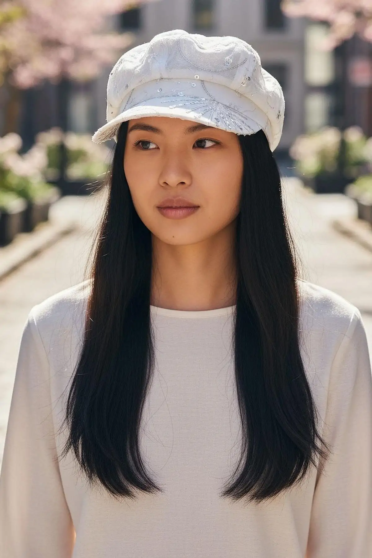 Beyaz Renk Pul Detaylı Tasarım Şapka