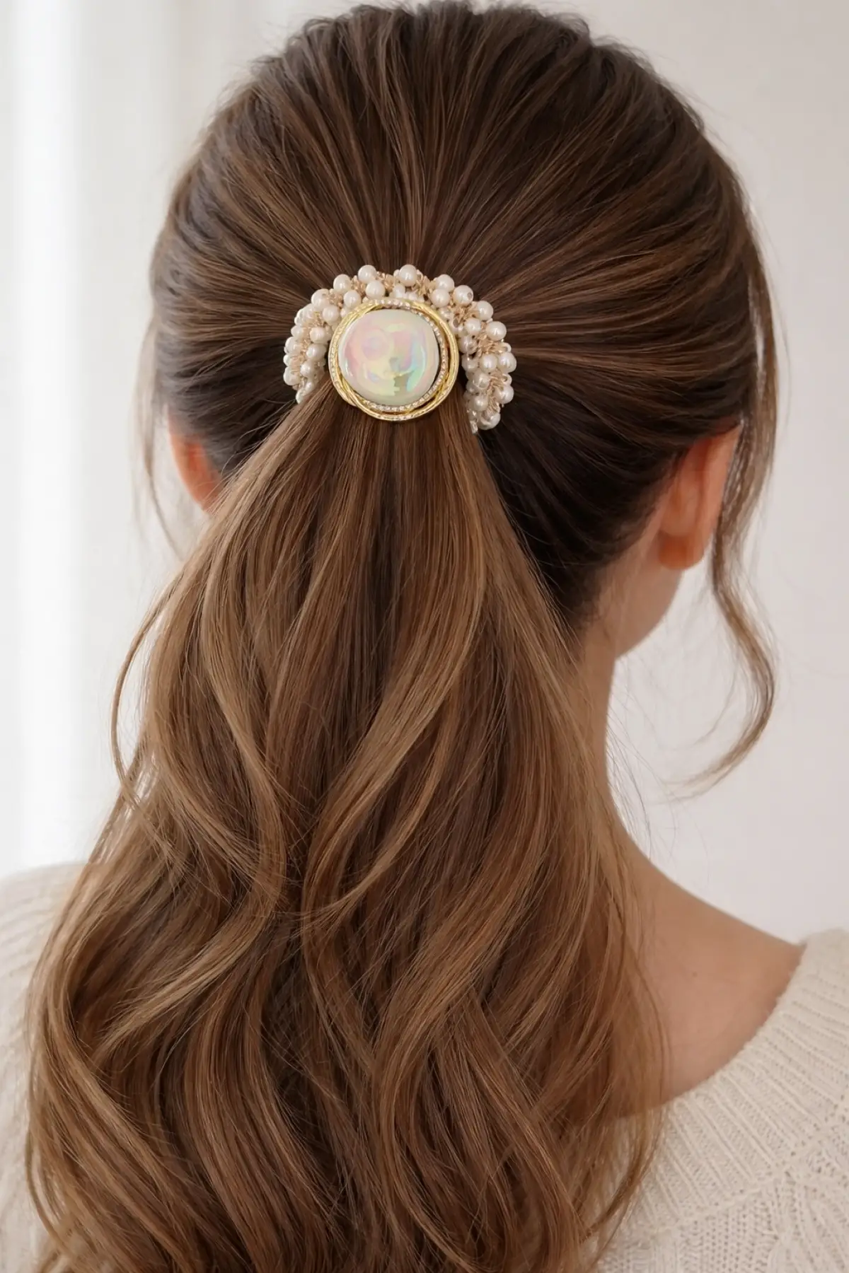 Beyaz Renk Taş Detaylı İncili Lastik Toka