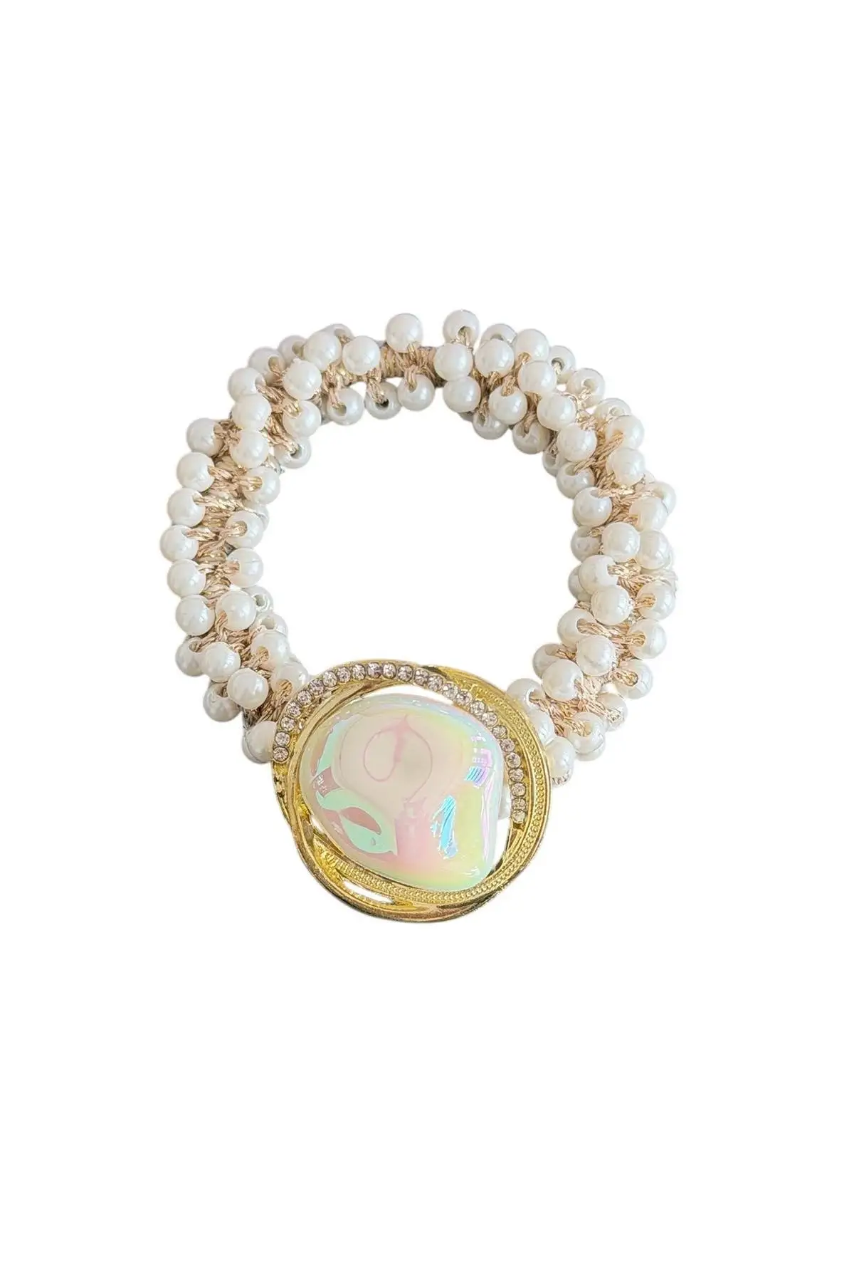 Beyaz Renk Taş Detaylı İncili Lastik Toka