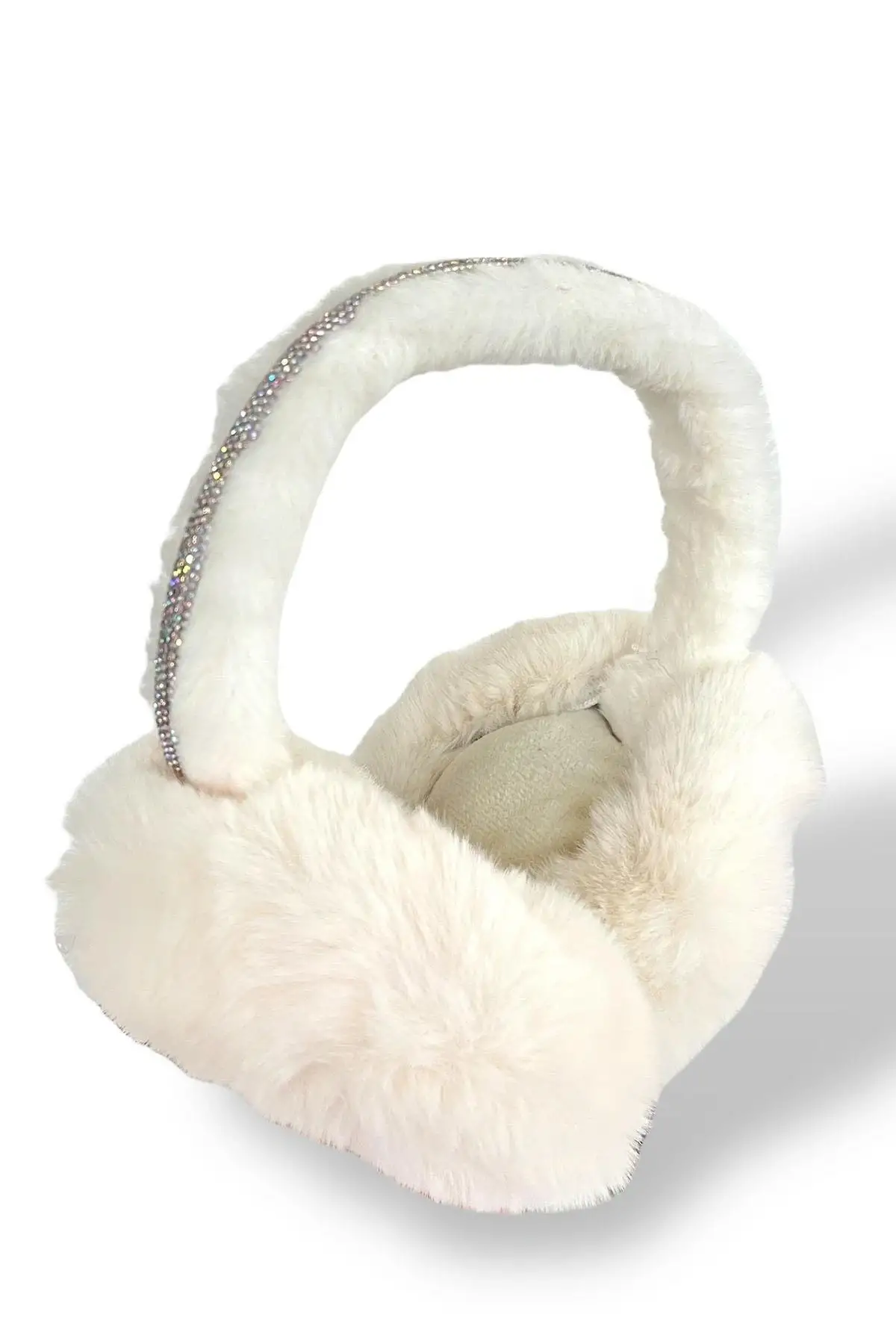 Beyaz Renk Taş Detaylı Peluş Kulaklık