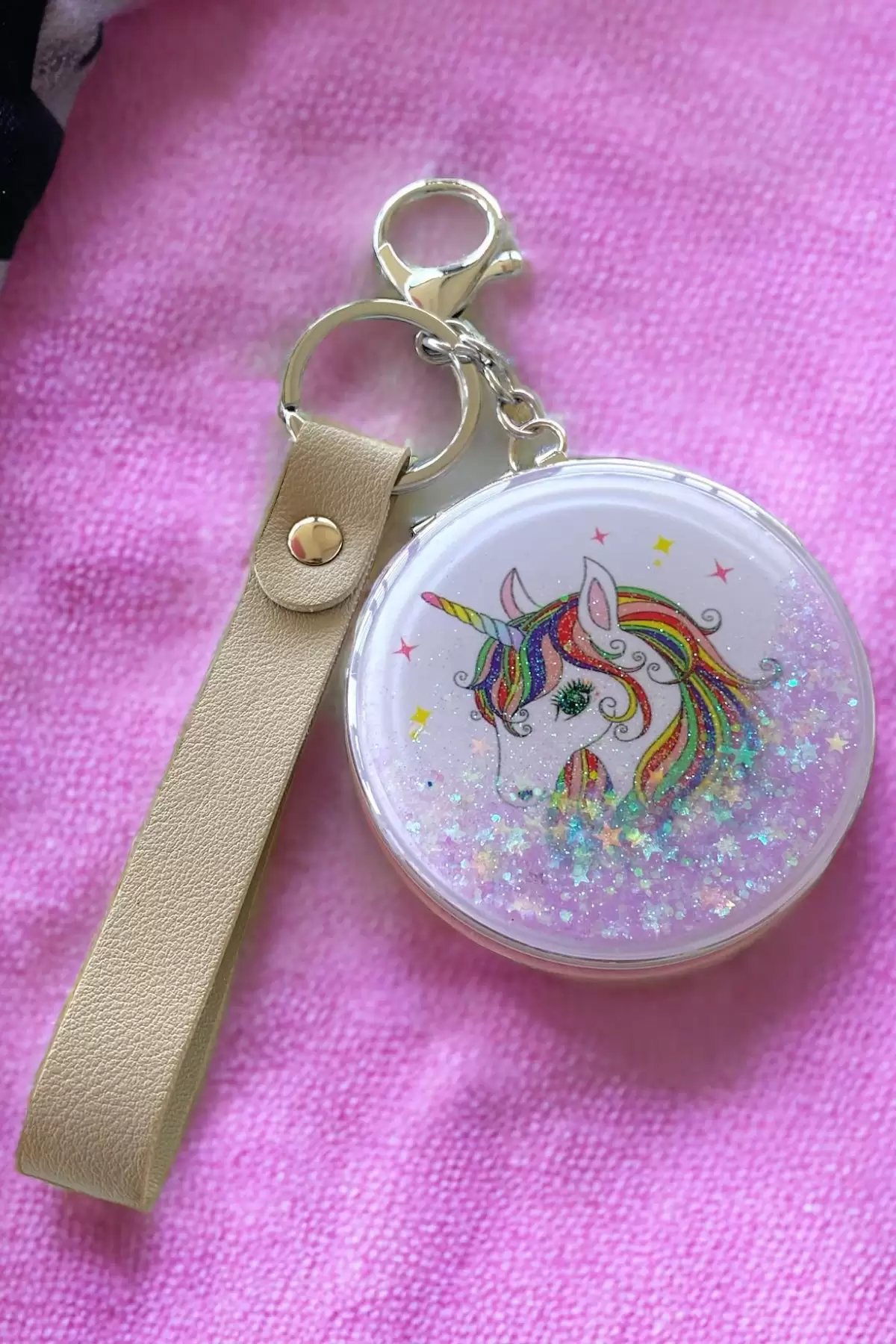 Beyaz Renk Unicorn Figürlü Simli Cep Ayna/Anahtarlık