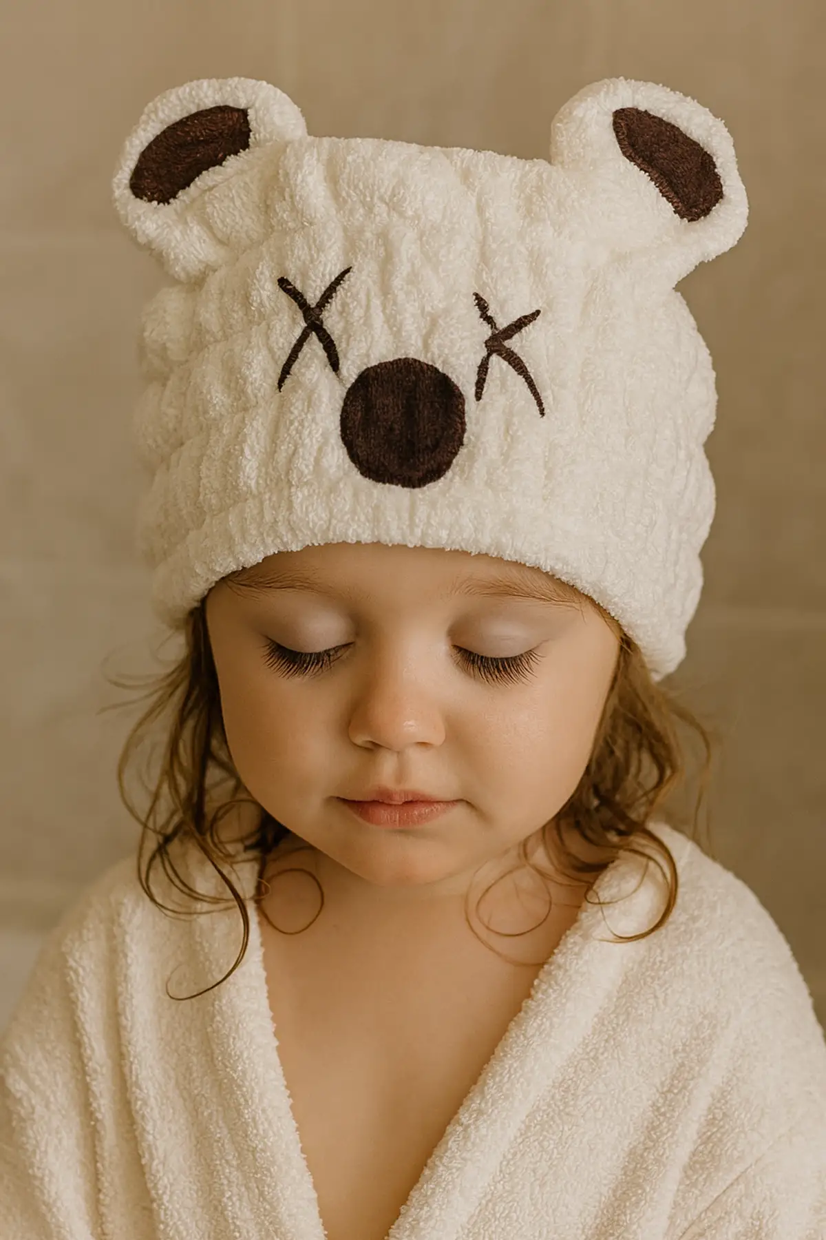 Beyaz Ve Bordo Renk Ayıcık Figürlü Saç Havlusu/ Bonesi Lastikli