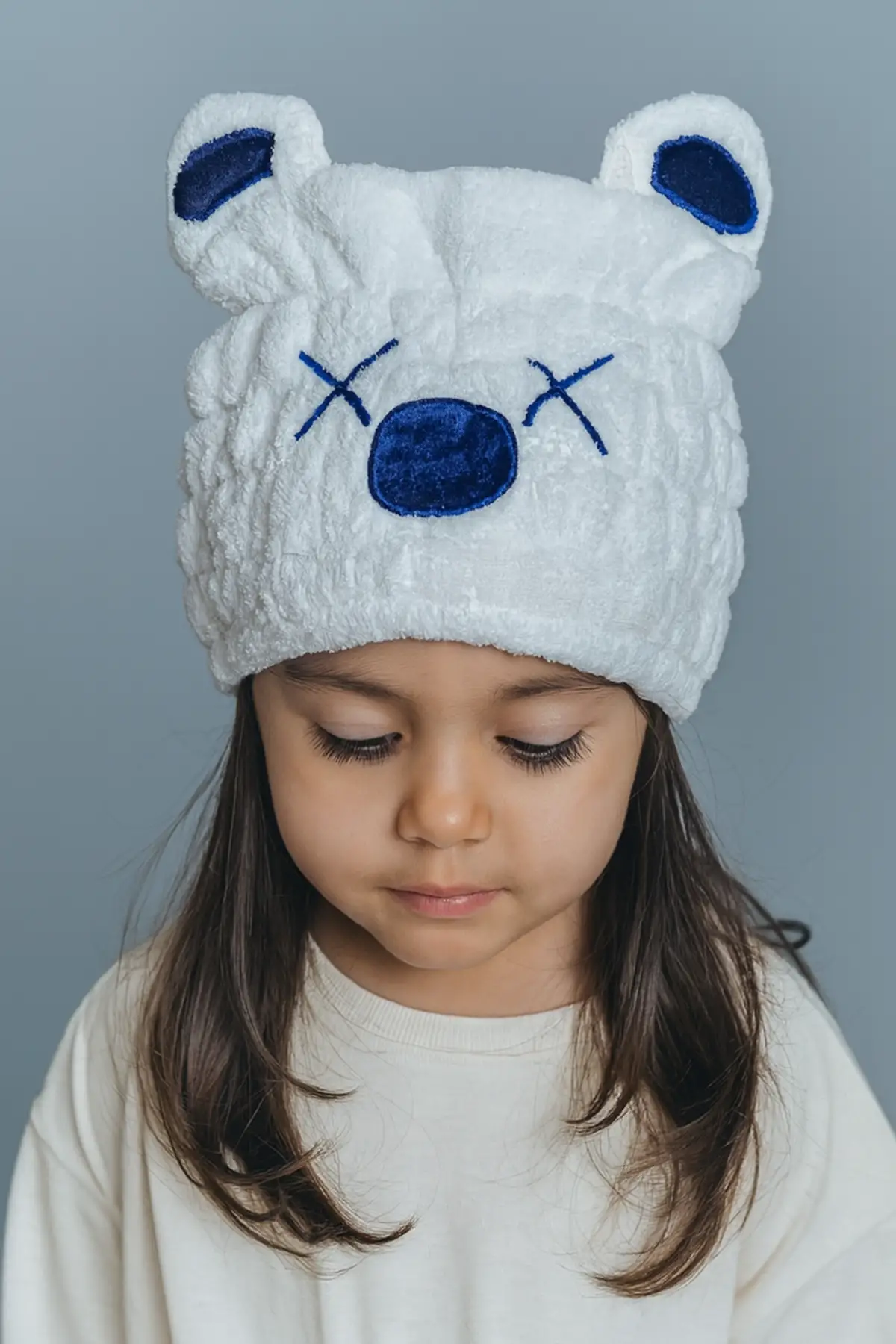 Beyaz Ve Mavi Renk Ayıcık Figürlü Saç Havlusu/ Bonesi Lastikli