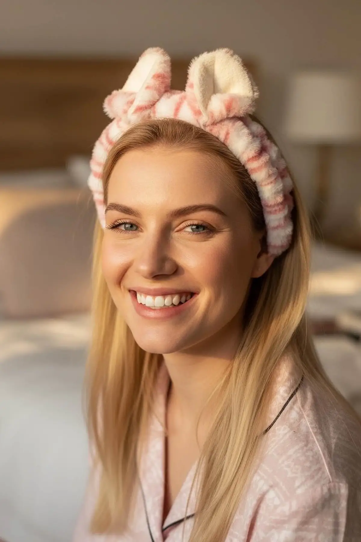 Beyaz Ve Pembe Renk Kulak Detaylı Peluş Saç Bandı