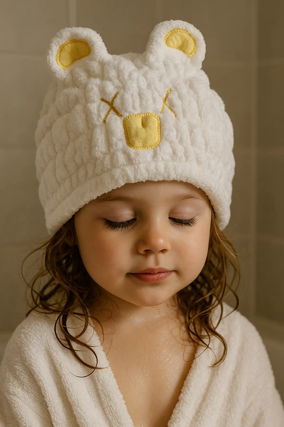 Beyaz Ve Sarı Renk Ayıcık Figürlü Saç Havlusu/ Bonesi Lastikli