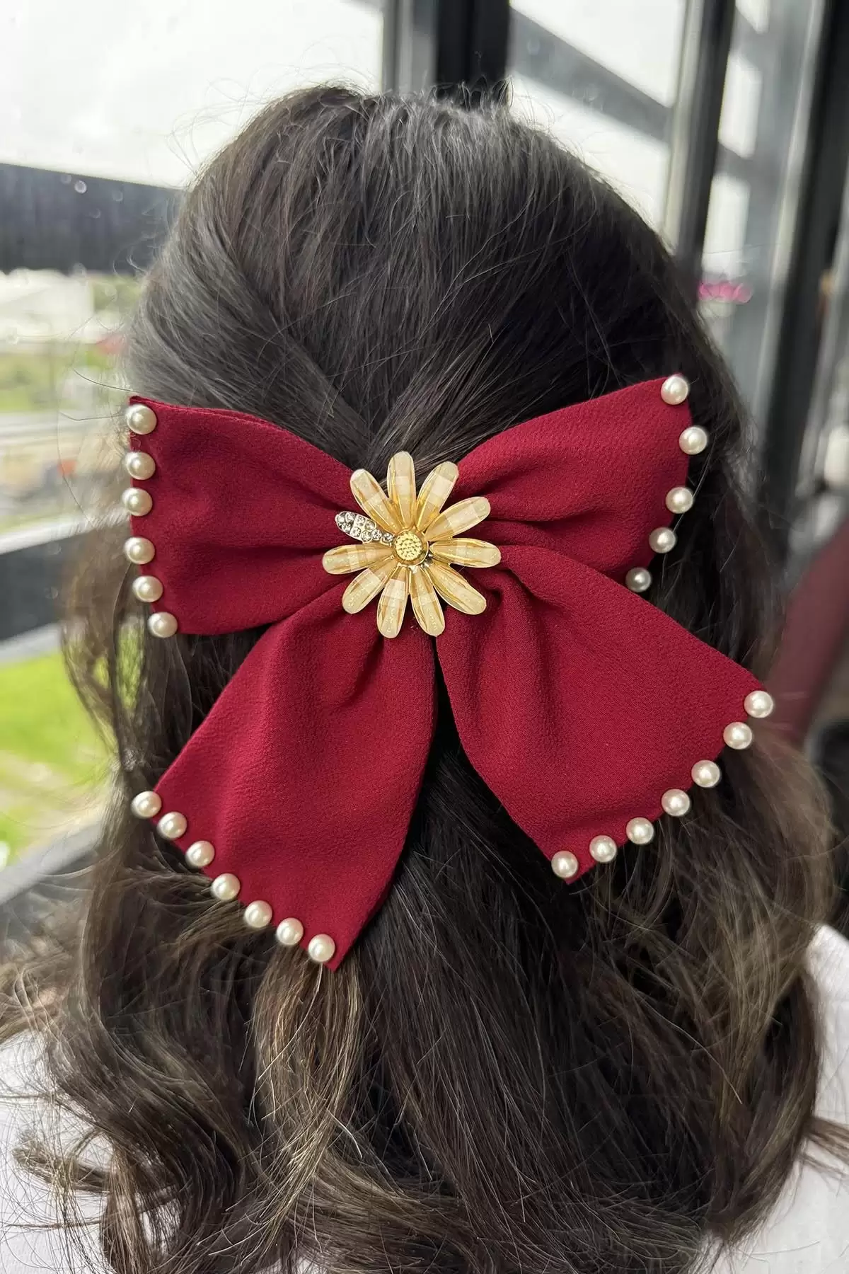 Bordo Renk Çiçek Detaylı Otomat Toka