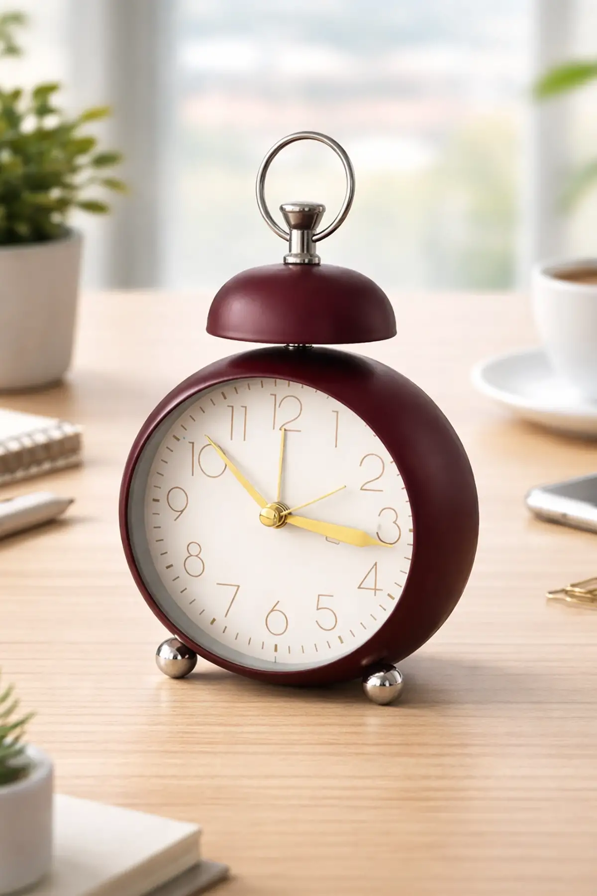 Bordo Renk Mini Dekoratif Işıklı Alarmlı Yuvarlak Masa Saati