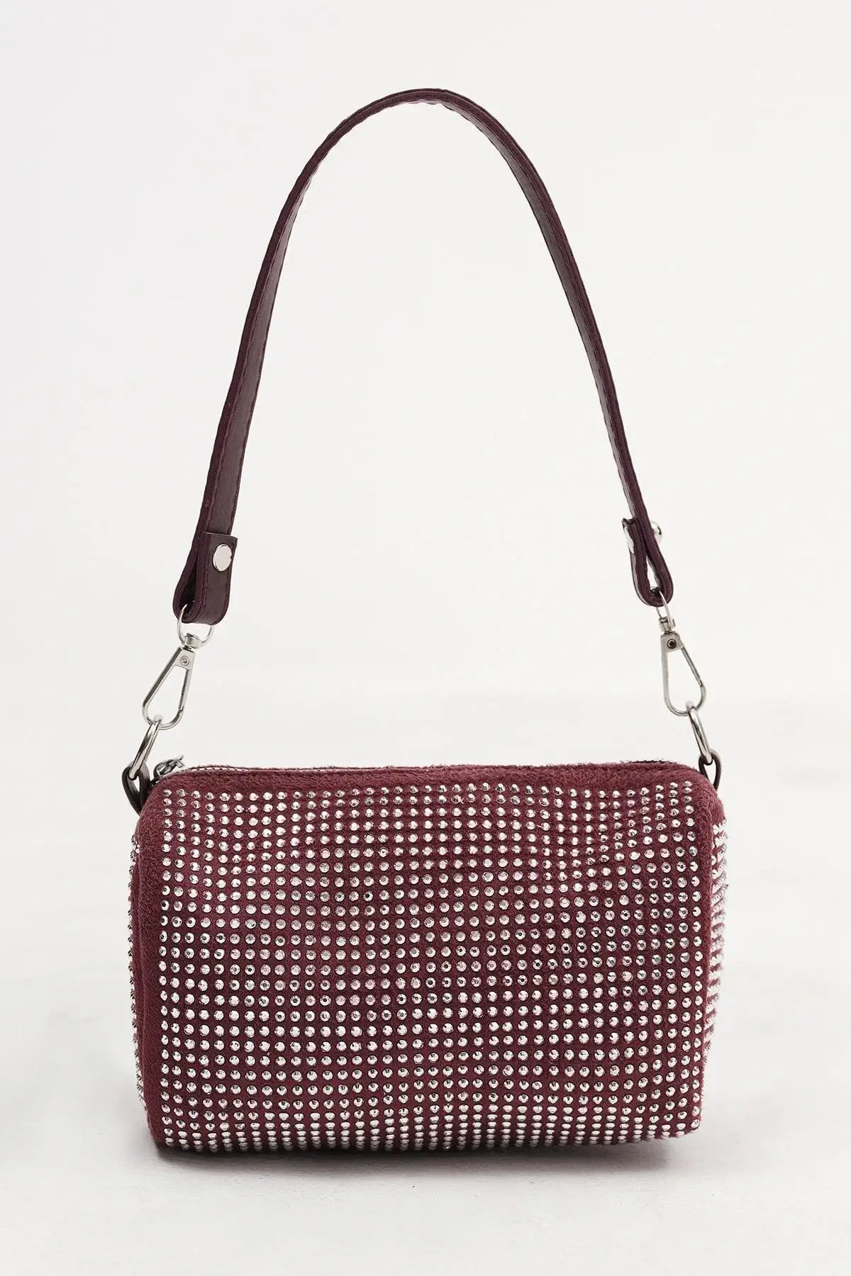 Bordo Renk Taşlı El Ve Omuz Çantası