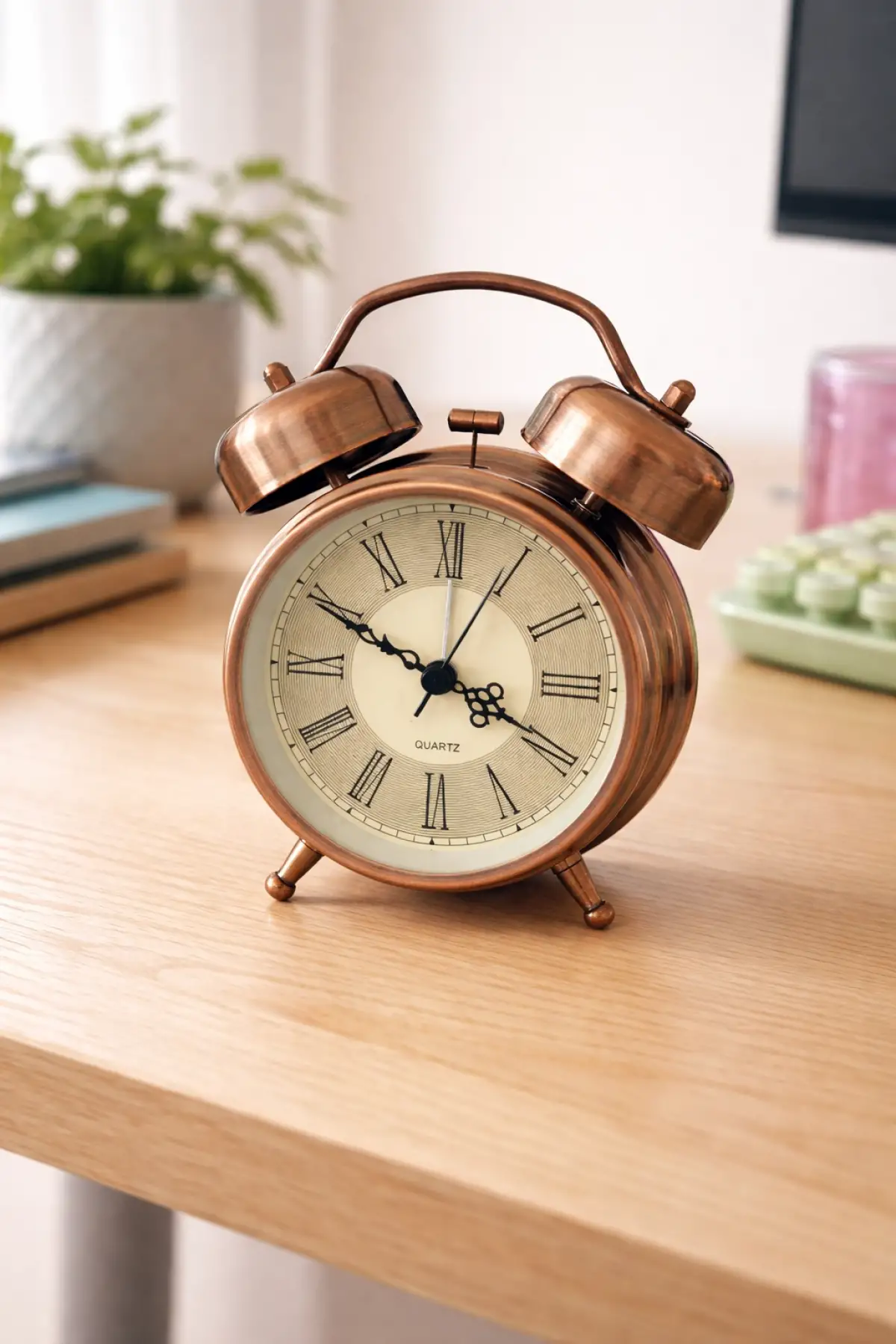 Bronz Renk Dekoratif Işıklı Alarmlı Yuvarlak Masa Saati