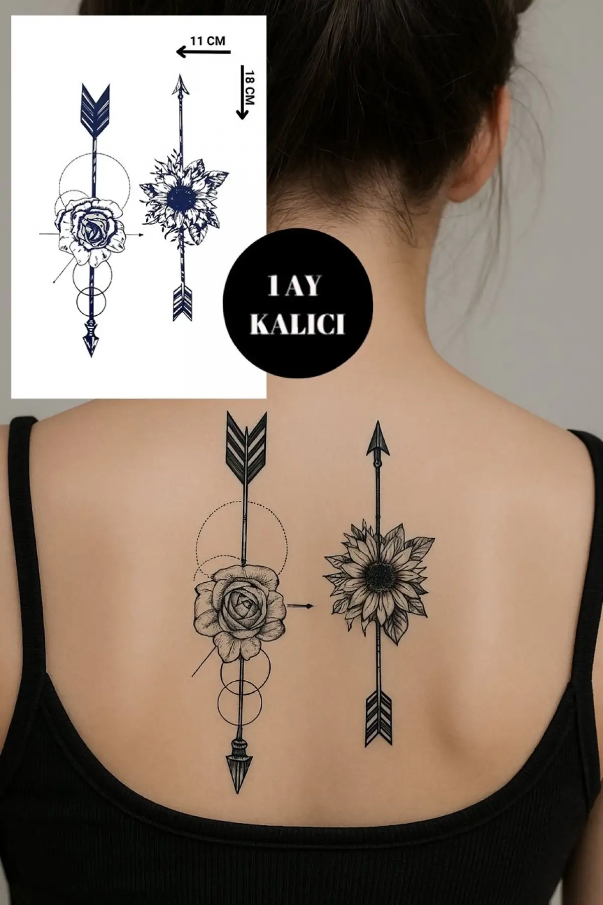 Çiçek Figürlü Ok Detaylı 12 Saat Sonra Kararan Geçici Dövme Tattoo