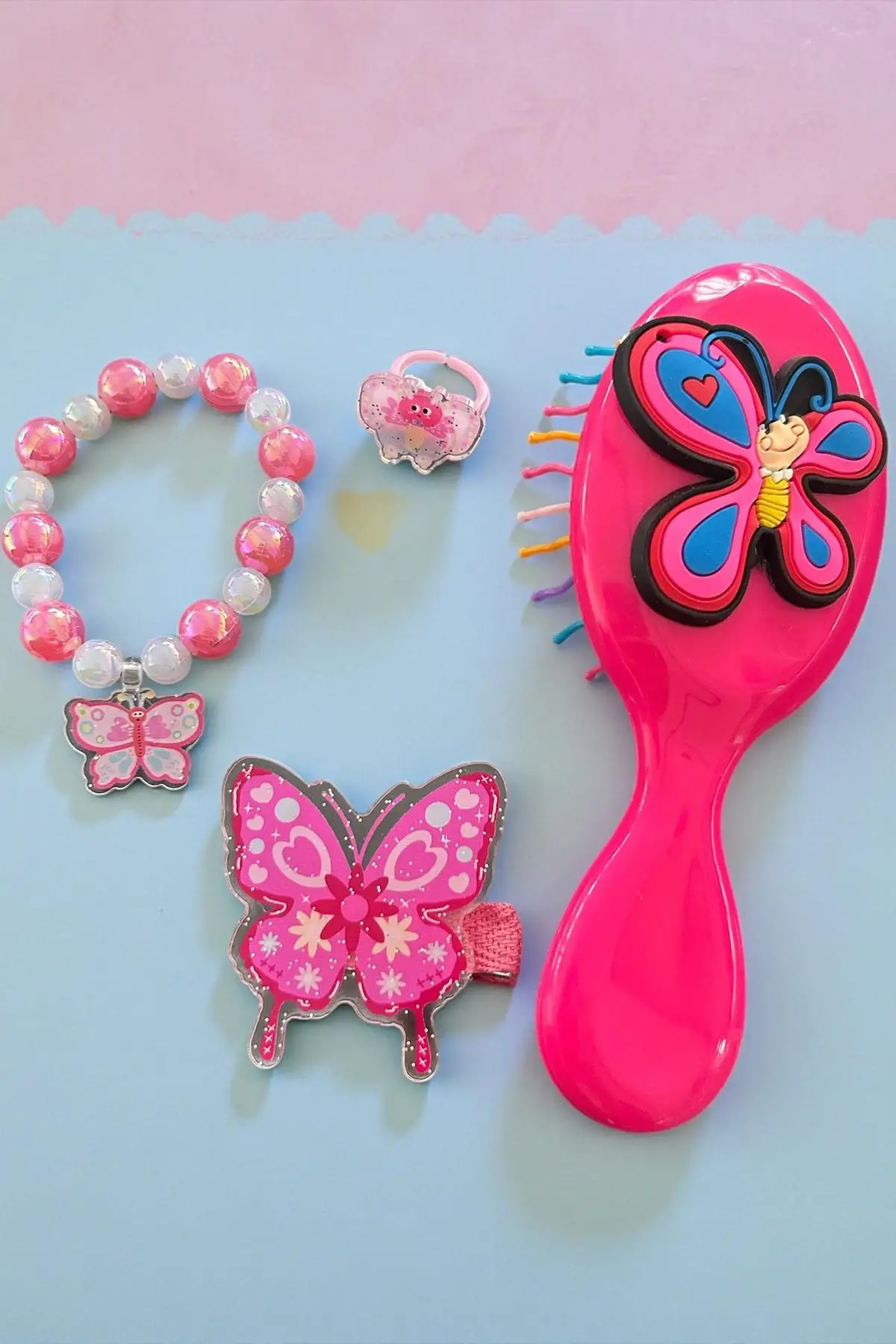 Fuşya Renk Kelebek Figürlü Tarak /Bileklik /Yüzük Ve Toka Set