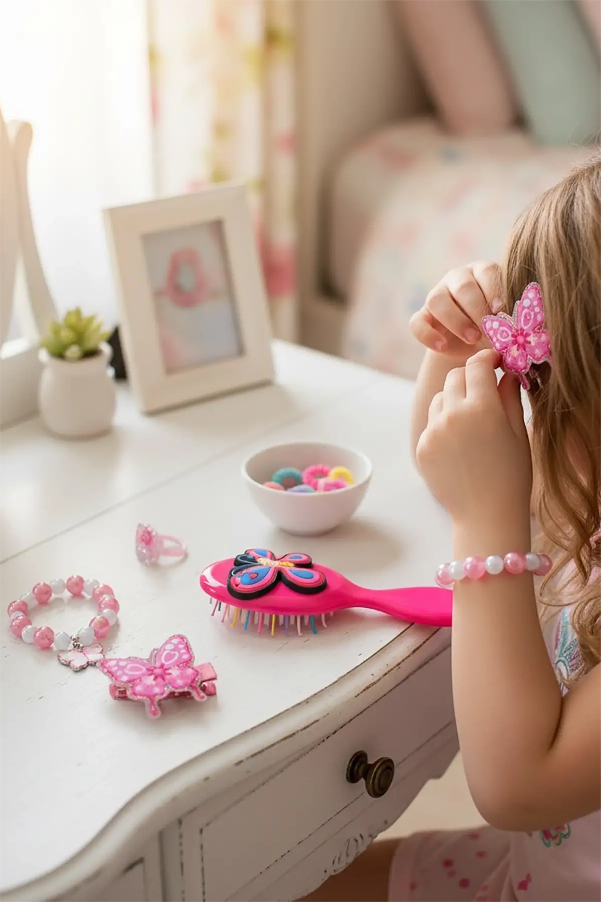 Fuşya Renk Kelebek Figürlü Tarak /Bileklik /Yüzük Ve Toka Set