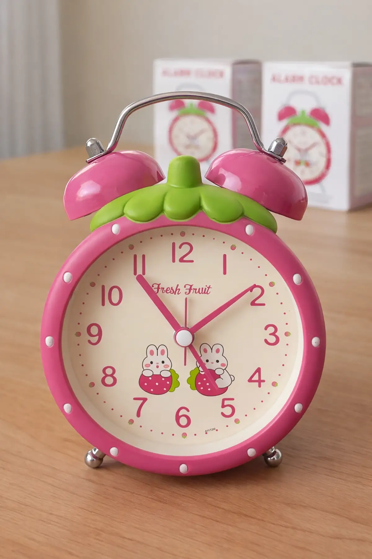 Fuşya Renk Mini Dekoratif Işıklı Alarmlı Yuvarlak Masa Saati