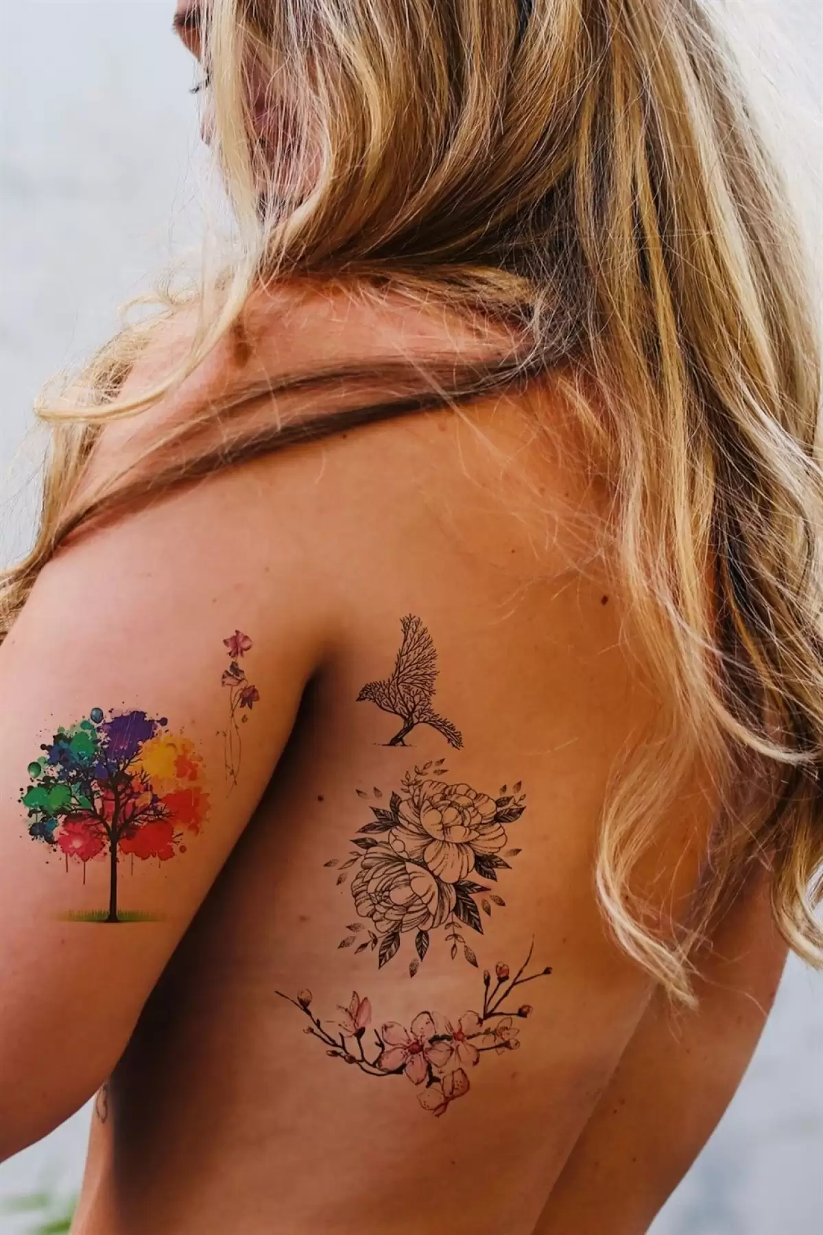 Geçici Çiçek, Ağaç Ve Kuş Dövme Tattoo