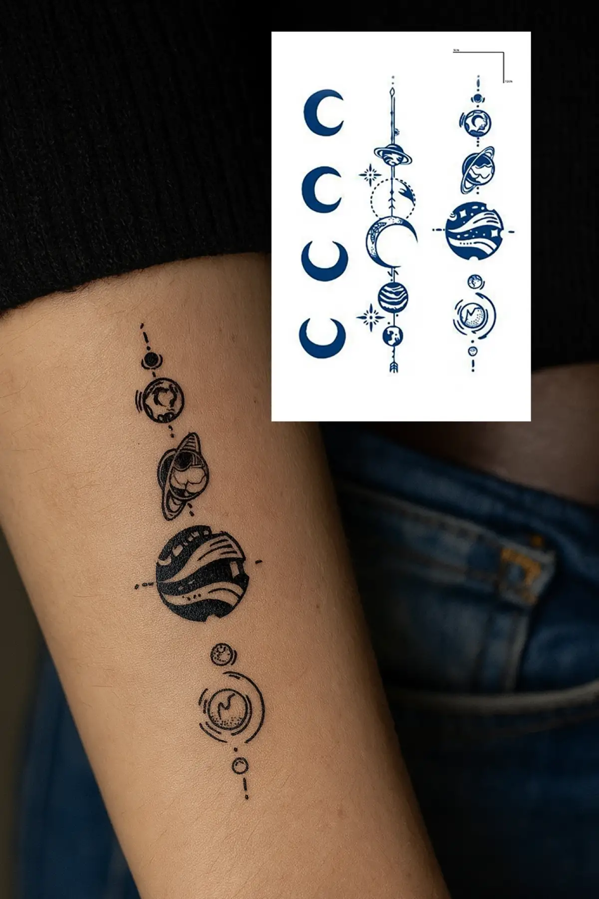 Gezegen Ve Ay Figürlü 12 Saat Sonra Kararan Geçici Dövme Tattoo