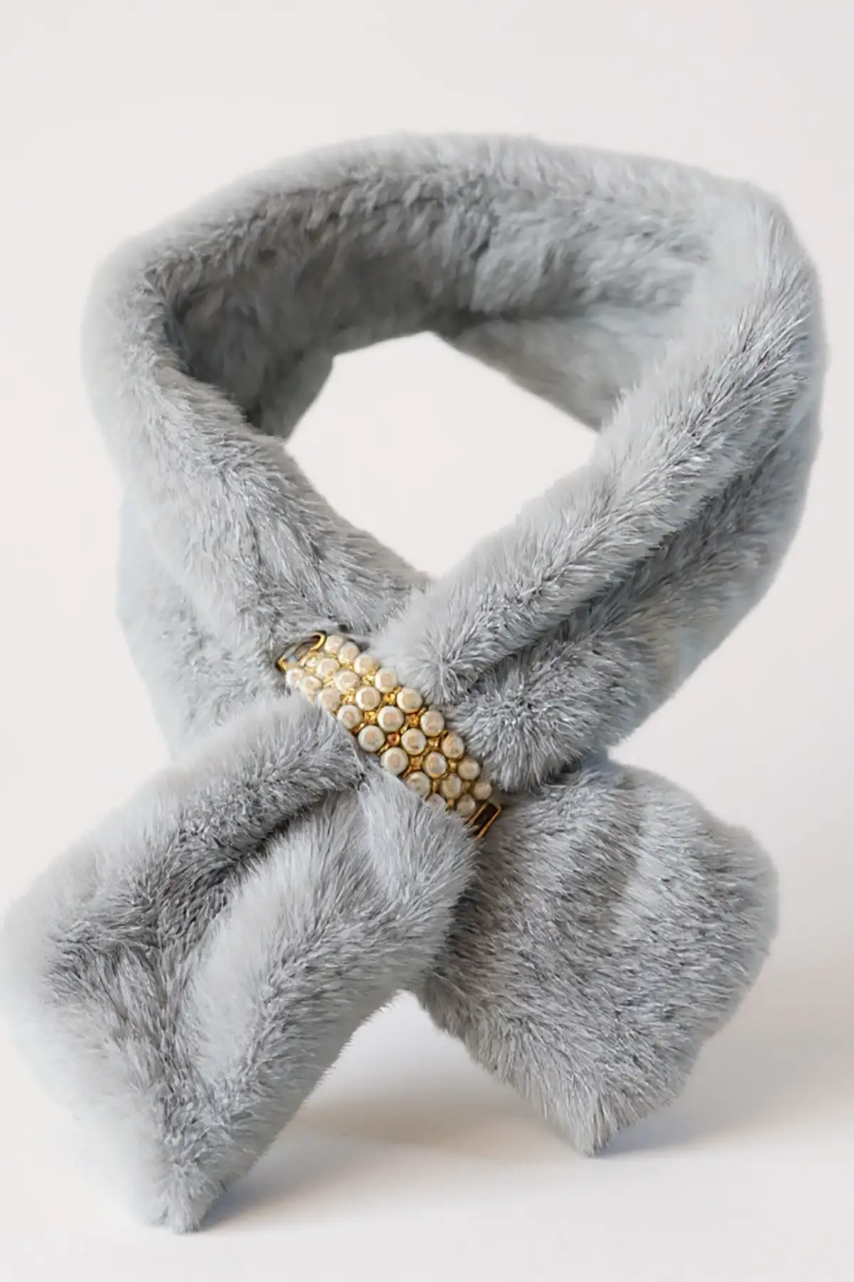 Gri Renk İnci Detaylı Çocuk Peluş Atkı