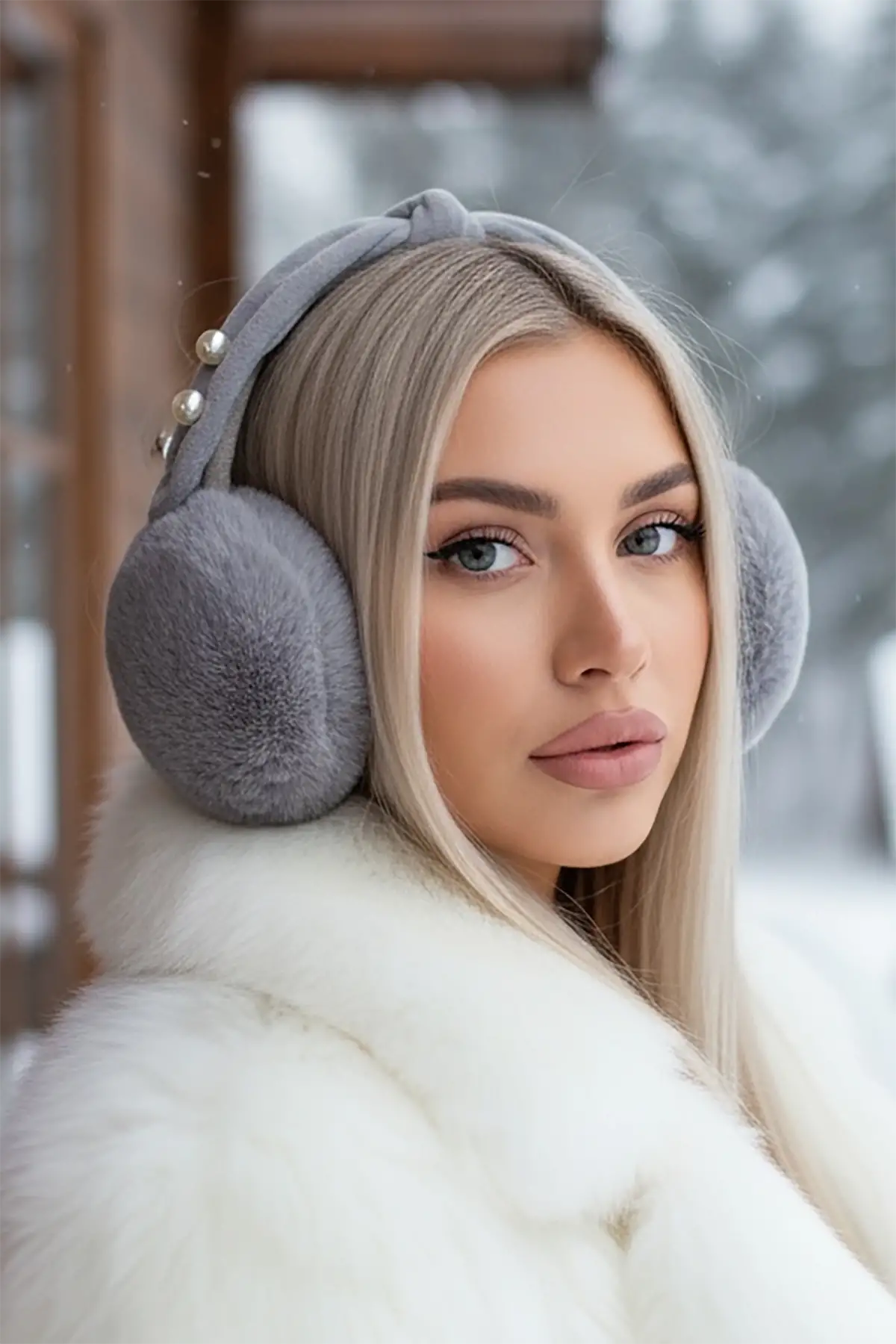 Gri Renk İnci Detaylı Kulaklı Çocuk Peluş Kulaklık