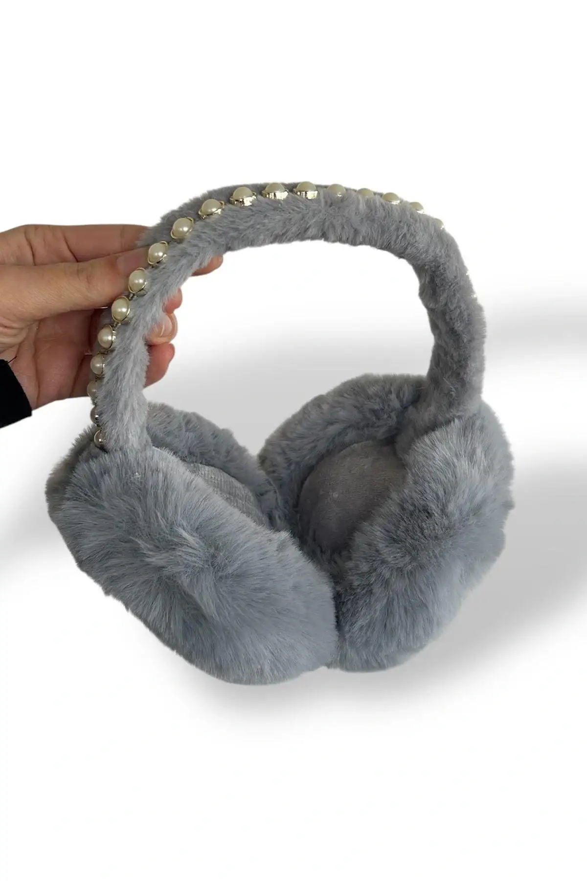 Gri Renk İnci Detaylı Peluş Kulaklık