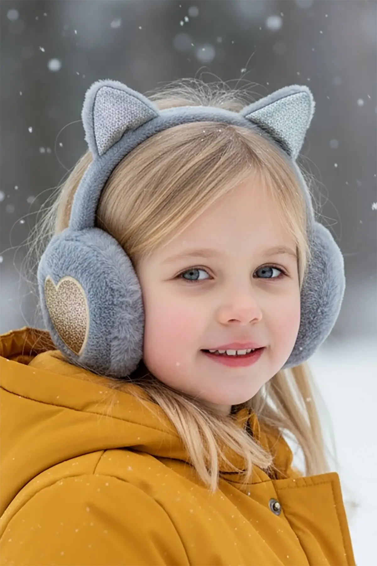 Gri Renk Kalp Figürlü Kulaklı Çocuk Peluş Kulaklık